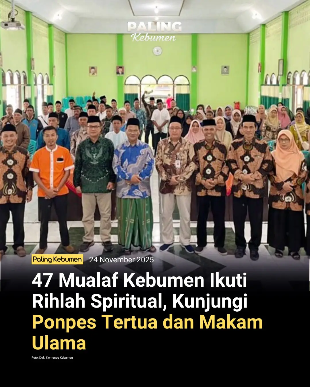 Kantor Kementerian Agama (Kemenag) Kabupaten Kebumen bersama Rumah Mualaf MUI setempat menyelenggarakan Rihlah Mualaf pada Sabtu, 22 November 2025.  Kegiatan Rihlah Mualaf ini diikuti oleh 47 mualaf dari 26 kecamatan di Kabupaten Kebumen. Rihlah Mualaf 2025 mencakup pembinaan, ziarah ke makam ulama setempat, dan kunjungan ke Pondok Pesantren Al Kahfi Somalangu.  Perwakilan MUI Kebumen, H. Khamid, menegaskan kegiatan ini adalah wujud nyata peran MUI dalam membina mualaf, sejalan dengan program prioritas Rumah Mualaf dan GANAS ANNAR.  Sementara perwakilan Kemenag Kebumen, H. Makruf Widodo, berharap kegiatan ini memperkaya pemahaman sejarah Islam peserta. Melalui rihlah ini, para mualaf tidak hanya mendapat edukasi tetapi juga penguatan jejaring dan spiritual.  Hal ini diharapkan dapat meneguhkan identitas keislaman mereka serta mendukung terwujudnya Kebumen sebagai kota religius. #PalingKebumen #Mualaf #Kemenag #MUI #Kebumen 