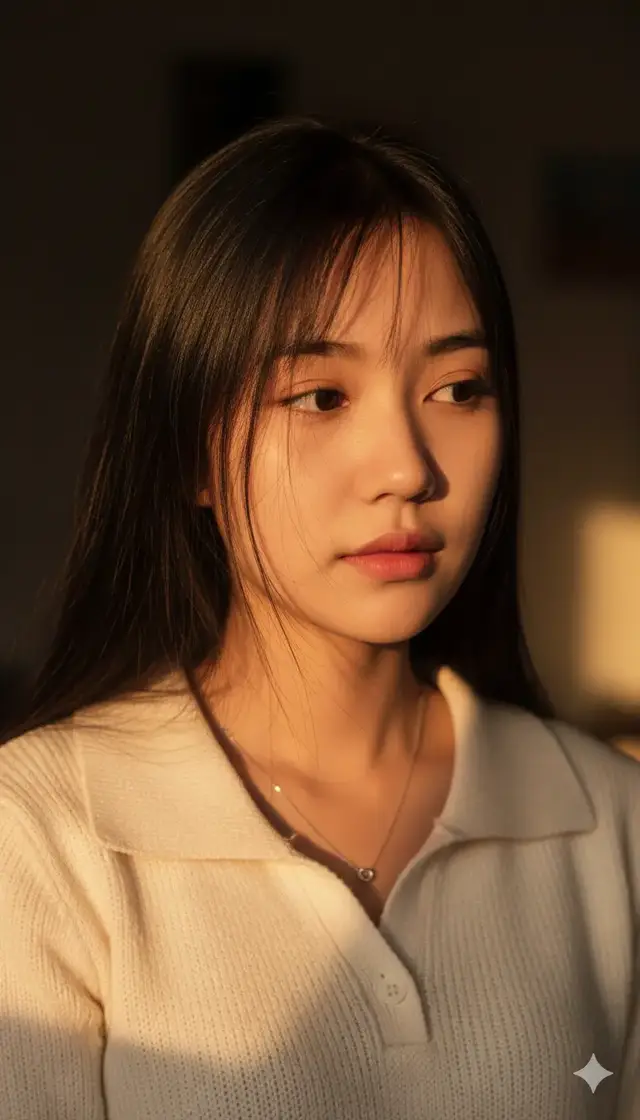 A close-up portrait of a young woman lit by warm, golden light. Her hair is long, straight, and dark, falling loosely around her face with several fine strands crossing over her forehead and cheeks. The hair is parted slightly off-center, creating a natural, slightly messy yet soft look. Her face is illuminated from the side, revealing smooth, fair skin with warm highlights. Her facial expression is calm and thoughtful. She is looking slightly to her right, with her gaze directed downward and sideways. Her eyes are almond-shaped, with soft, natural lashes and subtle shadow in the inner corners. Her eyebrows are straight and delicate.100% copy face, don't face the make modify. Her nose is small and narrow, and her lips are full with a natural pink tone, slightly pressed together. The lighting emphasizes the contours of her cheeks and jawline, creating a gentle shadow on the left side of her face. Her body is only partially visible, showing the upper chest and shoulders. She is wearing a cream-colored knitted top with a soft texture and a buttoned collar. The fabric appears warm and cozy, with visible knit patterns. A thin, delicate necklace with a small pendant rests on her collarbone. The background is softly blurred with dark brown and muted tones, possibly indoors. The warm directional light creates a dramatic, intimate mood. Camera angle is tight close-up, focused on her face and upper shoulders, shot at slightly above eye level. The resolution appears high, showing fine details such as individual hair strands, skin texture, and the weave of the sweater. Negative Prompt / Restrictions: No oil painting, no illustration, no drawn/cartoon/anime style, no fantasy painting, no 3D render, no soft painterly blur-produce photorealistic photography only.#myanmartiktok #myanmartiktok🇲🇲🇲🇲 #myanmar 