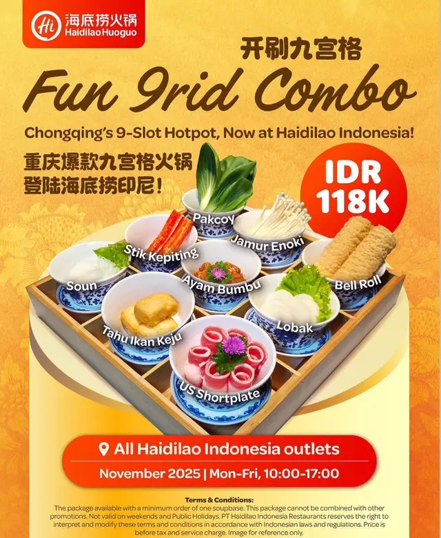 9 slot, 9 pilihan isi, 1 pengalaman hotpot yang makin seru 😍 Cuma IDR 118K tersedia Senin–Jumat, 10.00–17.00 November ini. Yuk cobain sebelum kehabisan! ✨ #haidilao #haidilaohotpot #mallofindonesia #hotpot 