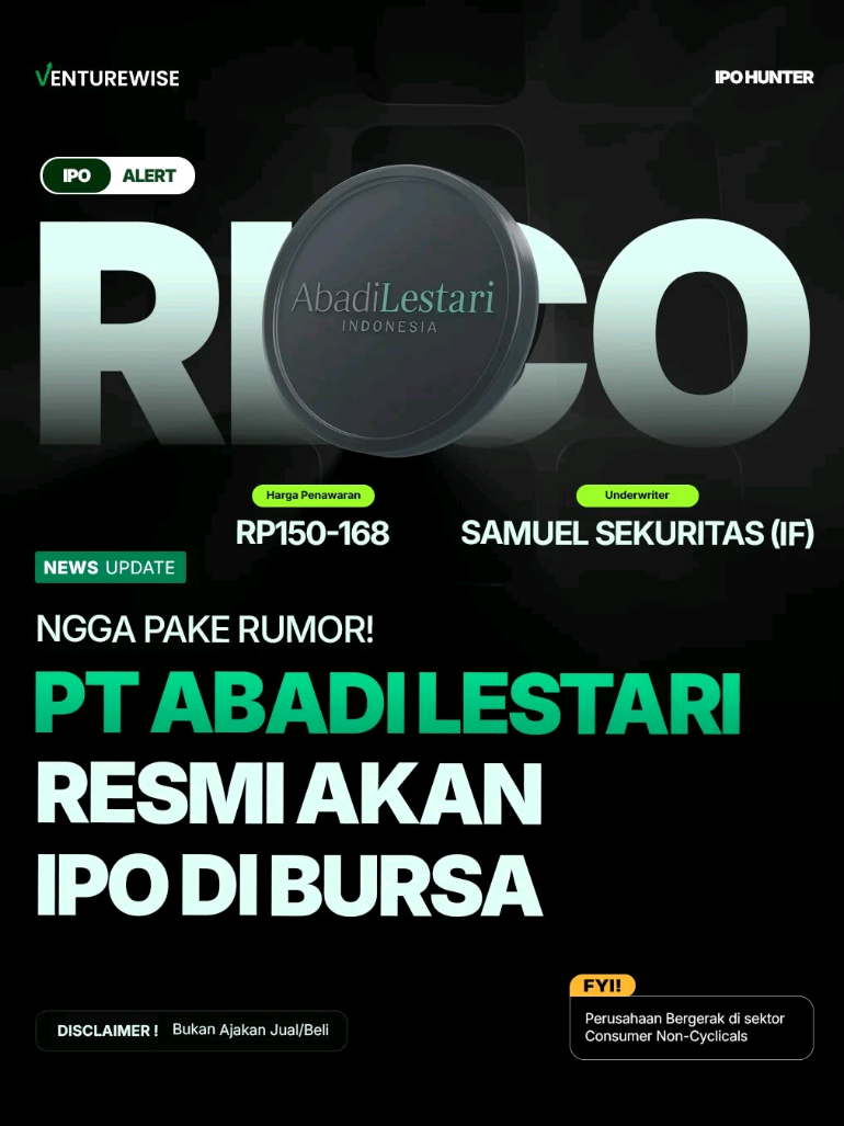 PT Abadi Lestari Indonesia (RLCO), emiten yang bergerak di bisnis sarang burung walet, resmi masuk tahap book building! Harga penawaran Rp150–168 per saham, periode 24–26 November 2025. Sektor consumer non-cyclical, bisnis yang stabil dan punya demand tinggi. #RLCO #ipo #saham #ipohunter #walet 