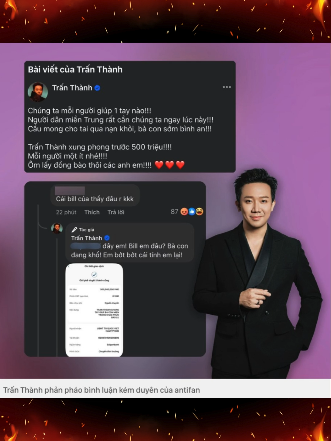 Bị mỉa mai hỏi bill từ thiện, Trấn Thành đáp trả gắt: 