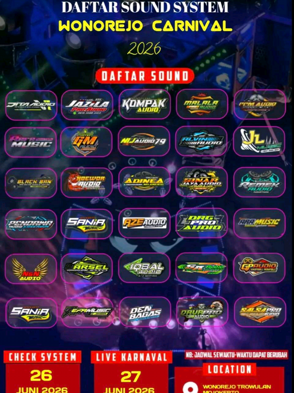 WONOREJO CARNIVAL 2026 🎊 🗓️ cek sound tgl 26 Juni karnaval tgl 27 Juni 2026 📍 Wonorejo Trowulan Mojokerto  📢 Ojo lali disimpen Ben Ndak kliwatan bolo 🔥  #karnaval  #karnavalsoundsystem  #mojokerto 