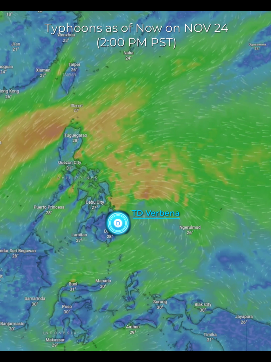 Tropical Depression Verbena has strengthened from an LPA and is now moving west toward Northeastern Mindanao, where it is expected to make landfall today. It currently has maximum sustained winds of around 45 km/h with higher gusts, and several areas across Mindanao, Visayas, and parts of Luzon are under TCWS No. 1. Heavy rainfall is anticipated, especially in Caraga and Eastern Visayas, which may lead to flooding and rough sea conditions. Local governments in affected regions are already activating emergency teams and preparing evacuation plans for vulnerable communities. After crossing Mindanao, Verbena is forecast to emerge over the West Philippine Sea by mid-week, where it may strengthen into a tropical storm. While it isn’t expected to bring destructive winds, the primary hazards remain intense rain, possible flooding, and disrupted sea travel. If you want, you can tell me your location so I can give you a risk-focused update for your specific area. #VerbenaPH @TropicalJeroxTC 