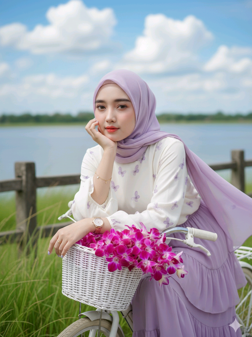 Haii ,, ada yang mau bunga? 🥰🌹 . . Prompt 👇: Edit foto ini tanpa merubah wajah! Foto close-up realistis berkualitas tinggi, detail resolusi 8K, ukuran 9:16. Subjek: Seorang wanita cantik dengan ekspresi termenung atau tenang dan sedikit memikat. Ia mengenakan blus chiffon jatuh halus lengan panjang yang sedikit mengembang di pergelangan tangannya model terompet warna putih gading motif kupu-kupu cantik warna lilac, serta memakai rok chiffon bertingkat berlayer yang anggun bewarna Lilac yang jatuh mengembang dengan anggun  terlihat sedikit di kamera. hijab pashima panjang lilac yang sedikit tertiup angin lembut. Riasan: sempurna dengan kulit putih bersih cerah dengan tekstur yang terlihat, bulu mata panjang lentik natural, bola mata coklat menonjol, alis tebal terawat, bibir coral lembut mengkilap dengan sedikit gradien. Aksi: Ia duduk santai di sebuah sepeda klasik cantik berwarna putih dengan keranjang besi di bagian depan yang berisi penuh bunga anggrek warna ungu yang segar dan realistis.  Memakai jam tangan kecil gold, gelang emas rantai dengan mainan bintang kecil disekeliling, cincin emas berlian minimalis dan nail art ungu, mencondongkan badannya ke arah stang sepeda dan menopangkan kedua tangannya di atas stang dan menyangga lembut dagunya dengan satu tangannya sambil melihat ke kamera dan tersenyum tipis. Latar Belakang: Pagar kayu tersebut tampaknya berada di tepi air (mungkin danau), dengan rumput yang tinggi di depannya dan air biru di belakang. Langitnya cerah biru dengan awan putih yang besar. Atmosfer: Foto ini memberikan kesan damai dan tenang, seperti suasana liburan musim panas yang santai. Kualitas gambar tinggi HD rasio 9:16, hasil foto tajam jangan blur. #fotoai #geminiai #jointrend #trendai #promptai 