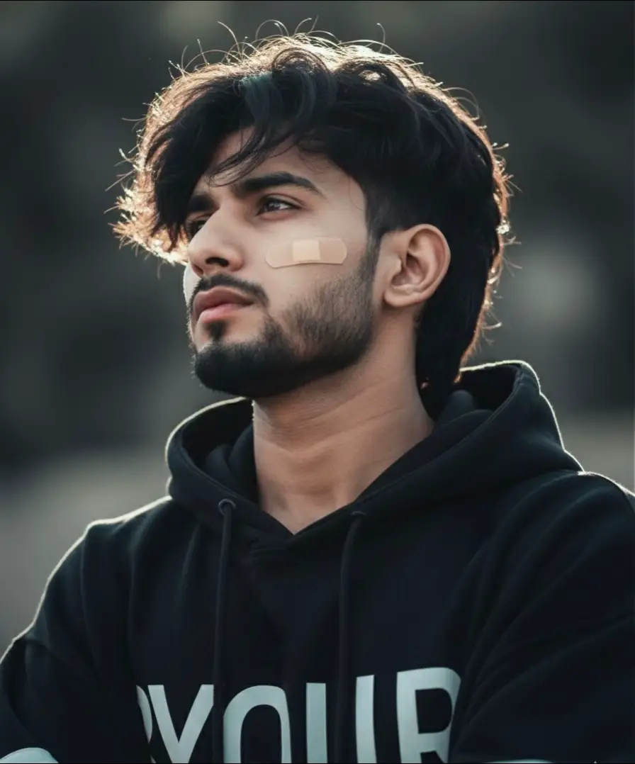Prompts🌿 Potret makro close-up seorang pria muda dengan slightly messy black hair styled casually, diambil dari sudut bawah (low angle) dengan posisi kepala sedikit miring, memandang ke arah kiri. Wajah tetap asli 100% sesuai foto referensi tanpa perubahan bentuk, proporsi, atau ciri khas. Pose menengadah ringan dan menatap ke kiri, mempertegas garis rahang serta bentuk hidung dari sisi wajah yang terlihat jelas, menciptakan kesan kuat dan sinematik. Ekspresi serius dengan tatapan tajam ke kiri atas, menampilkan karakter misterius, percaya diri, dan sedikit introspektit. Busana: hoodie oversized warna hitam dengan detail garis putih di lengan dan huruf besar di dada depan, tampak sebagian di bawah dagu. Di pipi kiri terdapat plester warna krem sebagai detail khas yang menambah karakter wajah. Bibir natural merah muda pucat menambah kesan santai, imut, namun tetap tegas dan berkarakter. cahaya Pencahayaan dramatis dan realistis utama datang dari belakang kanan (backlight lembut) sementara cahaya tipis dari depan kiri menerangi sebagian wajah, menciptakan gradasi bayangan indah di sisi rahang dan leher. Tone warna dingin (cool tone) dengan nuansa gelap lembut dan kontras halus. Kulit matte alami tanpa smoothing berlebihan, mempertahankan tekstur nyata seperti hasil kamera HP jadul sedikit noise, pencahayaan natural, dan kontras lembut. Gaya potret makro fokus tajam pada sisi wajah yang menghadap ke kiri, dengan latar belakang blur lembut, mempertegas kesan mendalam dan sinematic.#100kviews #foryouu #👻typical_me👻 