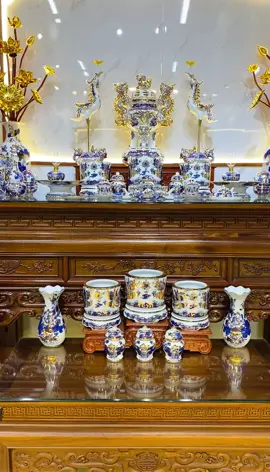 Bộ thờ xanh lam sứ khử vẽ vàng 24k