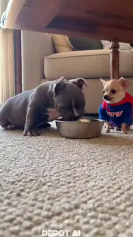 Proof that size doesn't matter when you have attitude! Watch this fearless Chihuahua dressed as Superman humble the big puppy at dinner time. Who is the real boss of this house? #funnydogs  #chihuahua #superman #tinydog #bigdo