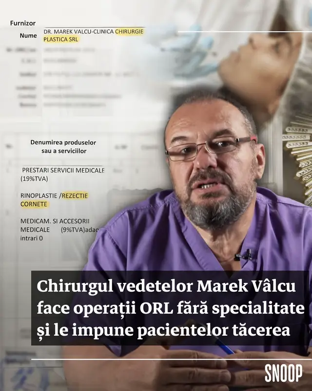 De cel puțin 16 ani, inclusiv în emisiuni televizate, Marek Vâlcu a făcut rezecții de cornet nazal și septoplastii, operații care necesită specializarea ORL, pe care medicul nu o deține.  Arată documente de la pacienți, Colegiul Medicilor și INML, consultate de Snoop, precum și declarații de la mai mulți medici.  🔗Citește investigația semnată de Mirela Neag și Cătălina Andreescu la linkul din bio. 🐾Jurnalismul nostru e posibil prin voi. Susține redacția la snoop.ro/sustine #fy #fyp #doctor #romania #medicina 