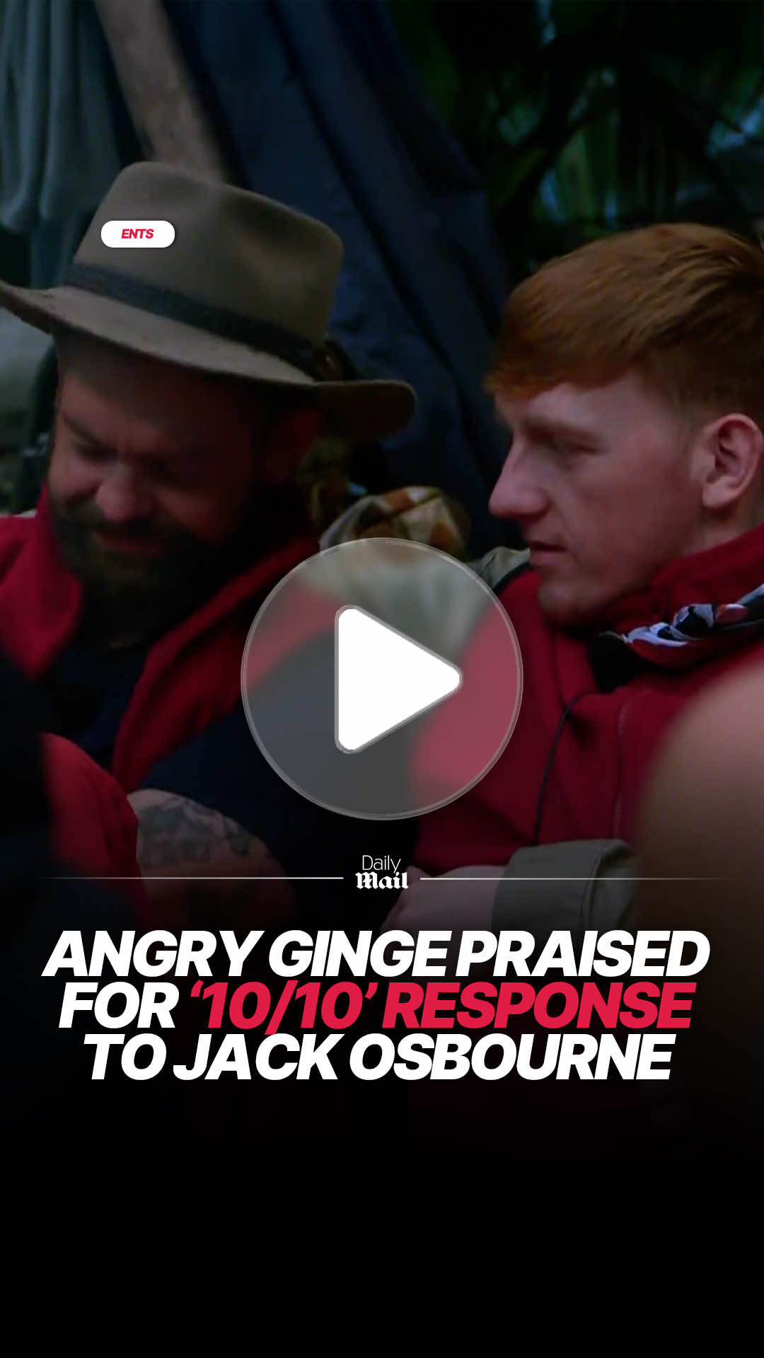 I'm A Celebrity viewers praised AngryGinge for his '10/10' reaction after campmate Jack Osbourne broke down in tears. In Sunday's episode, Jack, 40, got emotional as he talked about how the previous day had been 'delicate' for him, on the four month anniversary of father Ozzy Osbourne's death.  Afterwards he apologised to Ginge for crying. Ginge has been paised for his response - 