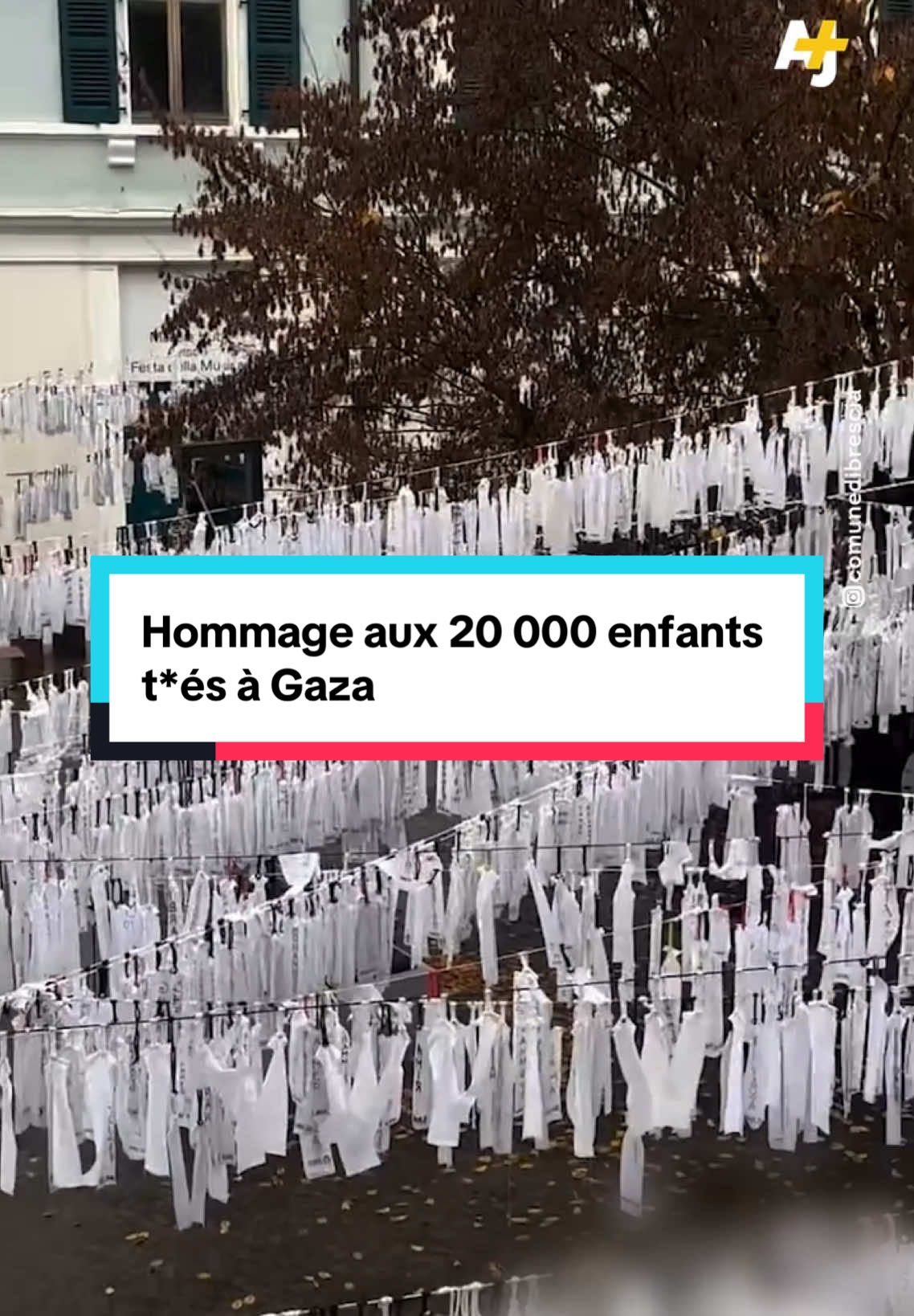 Des bandes de tissu portant les prénoms de 20 000 enfants t*é·es à Gaza ont été installées dans une cour de Brescia, en Italie. #ajplusfrançais #italie #hommage 