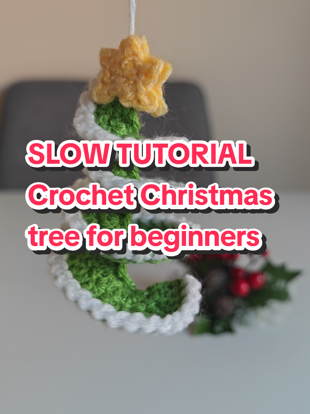 ⭐ Crochet Christmas Tree Car Charm — Total Beginner Friendly (US Terms) 🧶 Supplies DK yarn: green, white, yellow 4 mm crochet hook Scissors Yarn needle Glue (hot glue or fabric glue) Optional: small bell 🧶Basic Crochet Stitches (US Names) Slip Knot – The very first loop that goes on your hook. Chain (ch) – Yarn over your hook and pull through the loop. Single Crochet (sc) – Put hook into stitch, yarn over, pull up a loop, yarn over, pull through both loops. Half Double Crochet (hdc) – Yarn over, insert hook, yarn over, pull up a loop, yarn over, pull through all loops. Double Crochet (dc) – Yarn over, insert hook, yarn over, pull up a loop, yarn over, pull through 2 loops, yarn over, pull through 2 loops again. Slip Stitch (sl st) – Insert hook, yarn over, pull through everything on the hook. 🎄 Make the Christmas Tree (1 piece) Make a slip knot, Chain 16 (this makes your starting row). Turn your work so you can crochet back along the chain. First row Make 15 single crochets (sc) — one in each chain across. This makes a rectangle base for the tree. 🌲Shape the Tree Chain 2 In the next 5 stitches: make 3 double crochets (dc) in EACH stitch → this gives you 15 double crochets and makes the tree wide at the bottom In the next 5 stitches: make 3 half double crochets (hdc) in EACH → this makes the middle part In the last 5 stitches: make 3 single crochets (sc) in EACH → this makes the top of the tree thinner 🌲 Make the Tree Bigger Chain 1 and turn your work. Now repeat the same idea, but simpler: In the first 15 stitches: make 2 single crochets (sc) in each stitch In the next 15 stitches: make 2 half double crochets (hdc) in each In the last 15 stitches: make 2 double crochets (dc) This makes your tree nice and full. Chain 1, cut the green yarn, and pull to secure. ❄️ White Snowy Edging  Start with a long tail Leave about 20–25 cm of yarn before your slip knot. This will be your hanging loop later. Make a slip knot Insert your hook into the top of the tree and attach the white yarn Chain 1, slip stitch into the next stitch Repeat: ch 1, sl st until you reach the end Chain 1, cut yarn, pull through and hide the end The long tail at the start becomes your loop to hang the charm. 🧵 Assembling Your Charm Glue one star to each side at the top of the tree. Add the bell (optional but cute) And you’re done! 🎄✨ You’ve made a beginner-friendly crochet Christmas tree charm! Star ⭐ tutorial here-@marta.makes  #crochet #crochetersoftiktok #crochettutorial #christmas 