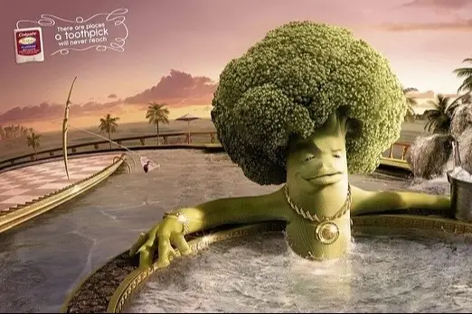 in 2010, colgate released a dental floss campaign titled “there are places a toothpick, your tongue or your finger will never reach” built around the idea that flossing reaches places nothing else can. the campaign was absurd, with a broccoli relaxing in a hot tub while a toothpick “fished” stuff out from the pool, corn golfing with a tired tongue right behind, and a green onion with a finger as its butler. each scene highlighted that floss is needed where toothpicks, fingers, or tongues can’t reach.