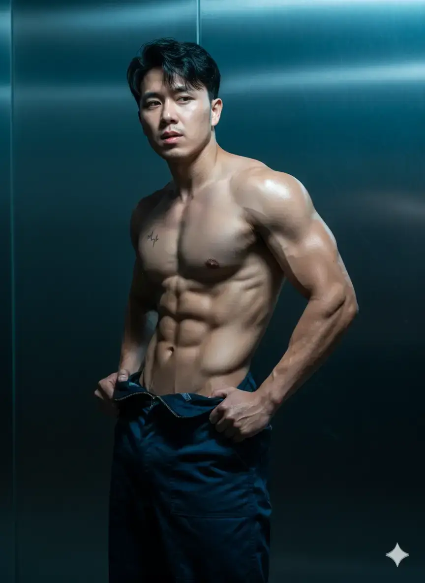 A muscular, shredded male (based on original image reference 100%) with flawless skin and defined, vascular arms and chest. He is posing in a highly dramatic fashion, partially removing a dark navy blue or royal blue jumpsuit/coverall uniform. The jumpsuit is unzipped and pulled down to his upper hips/pelvic region, revealing his intensely sculpted torso, abs, obliques, and V-taper.  BODY ANGLE AND POSITION: He is posed in a sharp, dynamic S-curve, with his back slightly arched, emphasizing the deep contraction of his obliques and serratus muscles. His torso is twisted slightly to the right, facing the light source. His head is slightly facing the camera with a captivating look. His hands are actively holding the elastic waistband of the coverall, pulling it down/off. His legs are unseen but the focus is on the powerful, elongated curve of the torso.  FACE EXPRESSION AND EMOTIONS: His expression is intense, focused, and alluring; he has a slightly parted mouth and a strong, defined jawline. The mood is highly dramatic, sensual, and confident, evoking a high-fashion, high-concept editorial feel.  LIGHT EFFECT AND TEXTURE: Dramatic, high-contrast, directional studio lighting (hard light) is used. A strong spotlight hits his body from the left and front, creating deep shadows that carve out and accentuate every muscle fiber, highlighting the metallic sheen of his skin. The background is a sleek, dark metallic surface, possibly brushed aluminum or steel, which reflects a cool, deep blue-cyan light, giving the image a modern, industrial, and metallic texture and feel.  CAMERA ANGLE AND SETUP: Full body shot (or tight 3/4 shot focusing on torso), medium-low angle to enhance the male presence and physique. Shot with a high-end digital medium format camera (like Phase One) for extreme detail. HD, Photorealistic, Hyper-detailed, Cinematic.