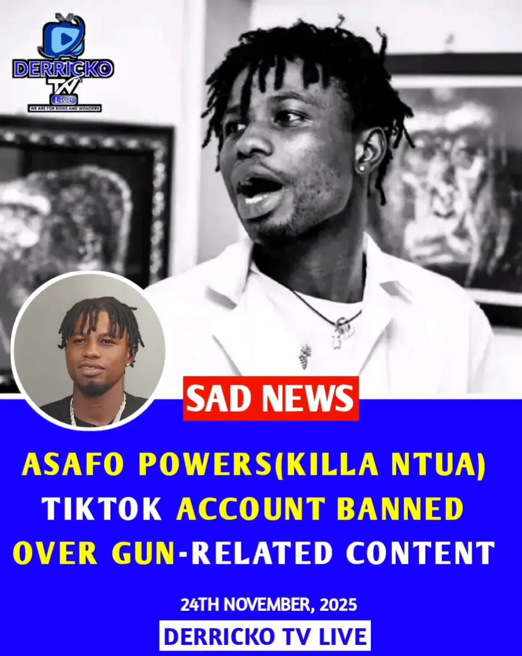 Ghanaian content creator Asafo Powers has had his TikTok account, which had amassed more than four million followers, permanently banned for allegedly posting gun-related content in violation of the platform's community guidelines. The sudden removal of the account has left him deeply distressed, with reports indicating that he is 