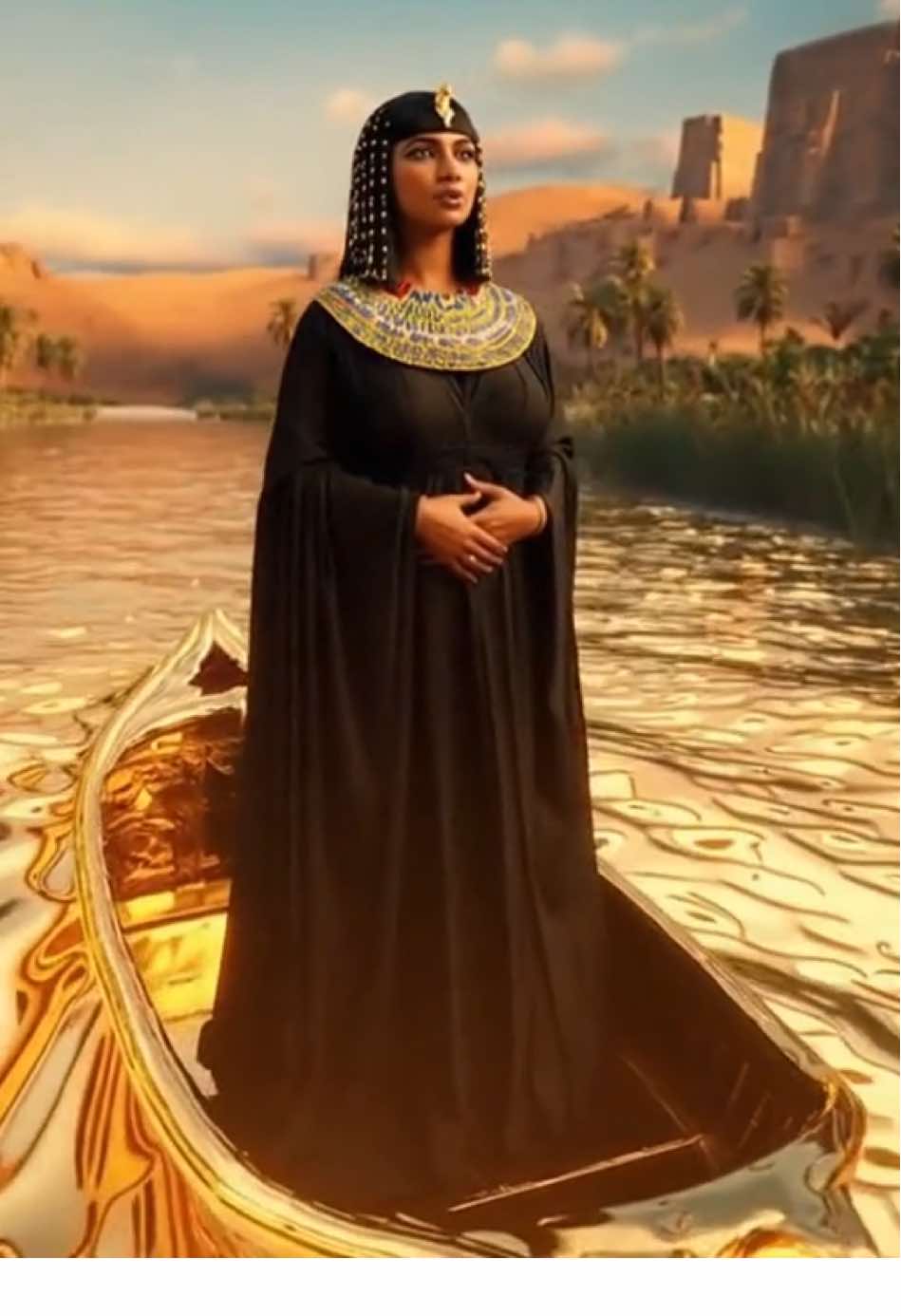 Gliding down a river of liquid gold today in my golden boat ✨🚤 And you know what I realized? Gold may not solve every problem… but it definitely makes them look less annoying 😌💛 Shiny therapy — Cleopatra style. #gold #cleopatra #egypt #nil #goldriver 