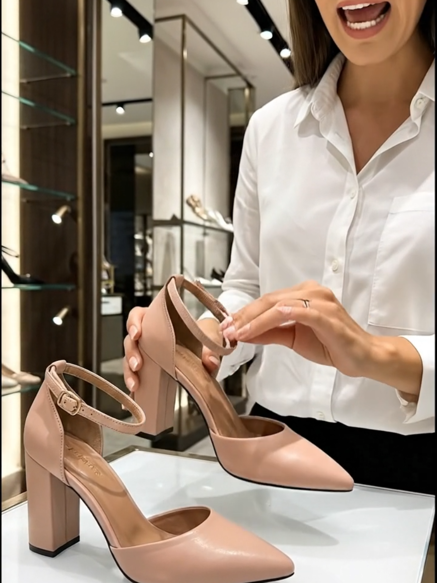 Elegante, confortável e perfeito pra elevar qualquer look. Hashtags: #SapatoFeminino  #SaltoGrosso  #LookChique  #ModaFeminina  #Estilo2025 