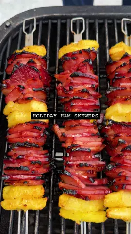 Save this recipe ⬇️ Holiday Ham Skewers  Shopping list: 8-10 pound spiral ham with glaze packet 2 pounds pineapple rings, sliced in quarters Brown sugar Sweet Preacher pork rub The method: Preheat grill to 400°F. Using a slicing knife, begin to cut up a spiral ham into small pieces. Due to the shape of the ham, the pieces will look different. Just keep them around 2 square inches in size. Using double skewers, tightly stack two pieces of pineapple, then three inches of ham, and repeat until the skewer is full. Prepare as many skewers as needed. Squeeze the included glaze packet into a bowl and mix in 2 Tbsp of brown sugar and 1 Tbsp of Sweet Preacher pork rub, to taste. Adjust as needed. Over indirect heat, place ham skewers on the grill and cook for about 20 minutes, flipping halfway through, until the ham begins to sweat and form a slightly darker exterior color with some crisping edges. Drizzle entire skewers with glaze, covering both the ham and pineapple pieces. Allow glaze to tack up for about 5 minutes before pulling the skewers to cool. Using a fork or tongs, remove the pieces from the skewers and serve.