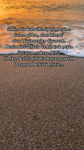 Sakin bir kabulleniş içindeyim. Gelen giden, olan bitene”  olur böyle şeyler diyorum. Benim insanlarla ve bir çok şeyle Savaşım çoktan bitti. Herkes kalbî gibi bir hayat yaşasın  O zaman belki ödeşiriz…