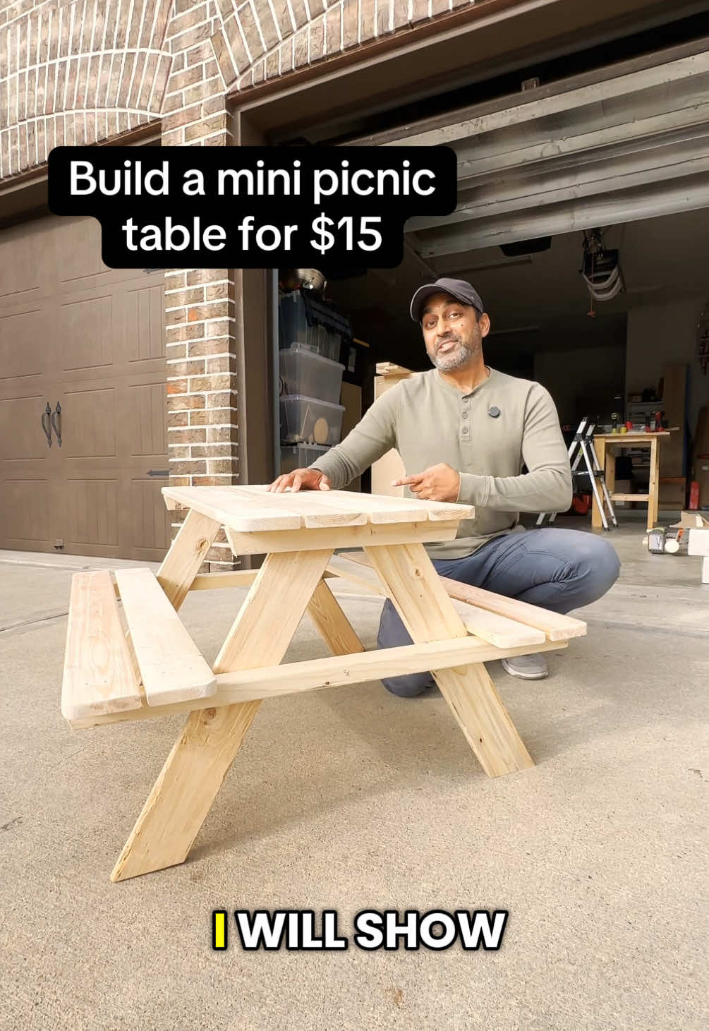 Day 2: DIY gift series. I’m going to show you how to build this kids picnic table with just four 1x4 furring strips and a 2x2 for about $15. Cut each board into two 35-inch tops and one 23-inch leg. Angle in parallel both ends of every leg at 30° for that classic flare (use a rafters square for this). Cut your 2x2 into two 31-inch supports and two 14-inch pieces with slight angles, then assemble the legs with the 14-inch piece at the top and the 31-inch piece in the center. Lay the four 35-inch boards across the top with a 2-inch overhang, add the seats, and screw everything together. Round the corners with a jigsaw, sand, stain (optional if outdoors), and you’ve got a simple DIY kids picnic table for the holidays!