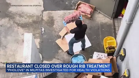 An employee at PhoLove in Milpitas was caught on surveillance video slamming rib meat on the ground. The restaurant's owner reportedly said that the person in the video is trying to bring down his restaurant, but inspectors discovered other health violations, including a cockroach infestation.   #healthcodeviolation #caughtonvideo #bayarea #abc7news #restaurant 