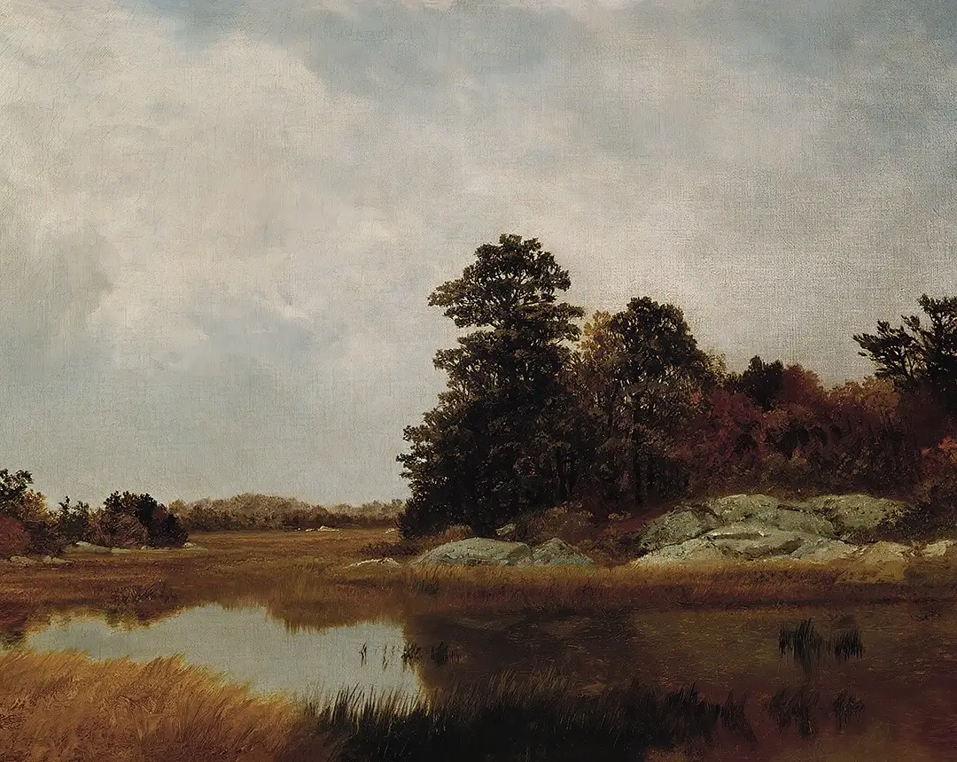 “October in the Marshes,” painted by John Frederick Kensett in 1872.  Retouched by AnnaPrintsCo. 🏷️ print available on our TikTok shop! #artlovers #landscapeart #19thcenturyart #autumn #painting 