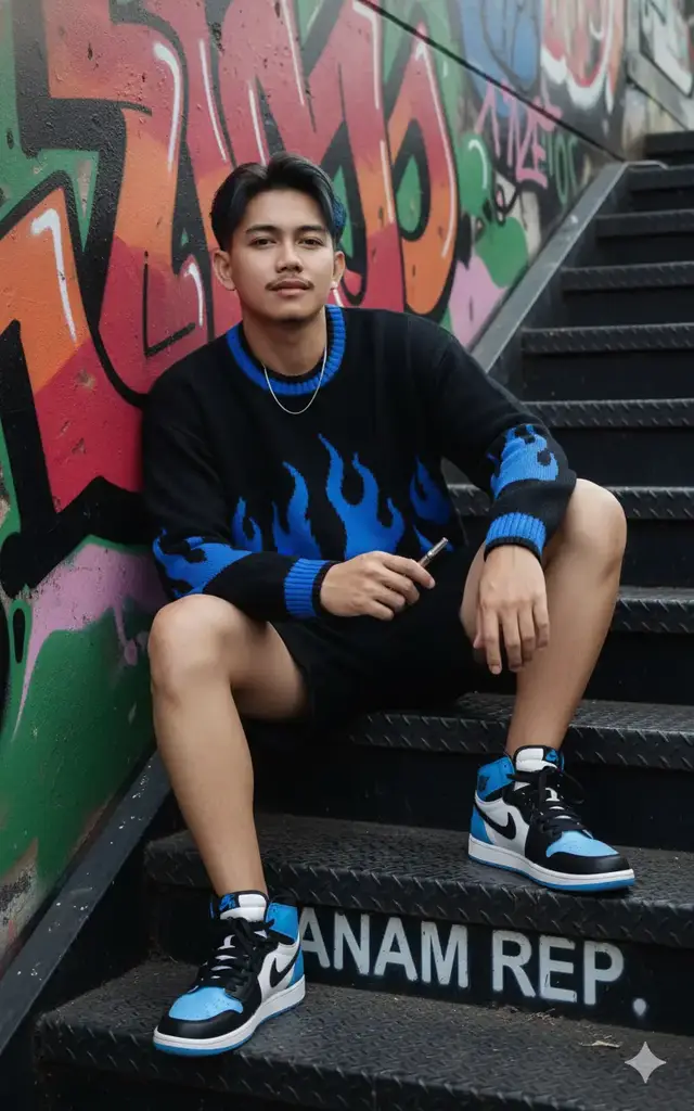 Gaya Fotografi & Kualitas: Foto ultra-detail, hyper-realistic, hyper-resolution 8K, cinematic portrait, 9:16 vertical, vibrant colors, outdoor natural lighting with a hint of urban grit, no CGI. Subjek Utama: Seorang pria muda Asia (referensi wajah terlampir), terlihat seperti usia awal 20-an. Dia memiliki fitur wajah yang menarik Ekspresi & Pose: Dia melihat langsung ke kamera dengan ekspresi percaya diri. Dia duduk santai di tangga logam, dengan punggung bersandar pada dinding di sebelah kiri. Kaki kanannya ditekuk, sementara kaki kirinya menjuntai ke bawah. Lengan kirinya bertumpu di atas lutut, dan tangan kirinya memegang sesuatu yang ramping (kemungkinan rokok elektronik). Lengan kanannya rileks di samping tubuhnya. Pakaian dan Aksesori: Atasan: Sweater rajut berwarna hitam dengan motif api berwarna biru terang di bagian depan dan lengan. Bagian kerah, manset, dan ujung bawah sweater memiliki aksen rajutan biru terang. Bawahan: Celana pendek hitam polos yang panjangnya di atas lutut. Sepatu: Sepatu sneakers high-top (mirip Air Jordan 1) berwarna hitam, putih, dan biru muda. Sol sepatu terlihat putih dengan bagian bawah biru muda. Aksesori Leher: Kalung tipis perak atau rantai yang terlihat samar di leher. Latar Belakang dan Lingkungan: Latar belakang adalah dinding dan tangga logam yang penuh dengan coretan grafiti berwarna-warni. Grafiti di dinding di sebelah kiri subjek didominasi warna pink, merah, oranye, dan hijau, dengan beberapa bentuk abstrak dan tulisan yang tidak jelas. Tangga tempat dia duduk terbuat dari logam hitam dengan anak tangga berongga. Di bawah anak tangga, terlihat tulisan 