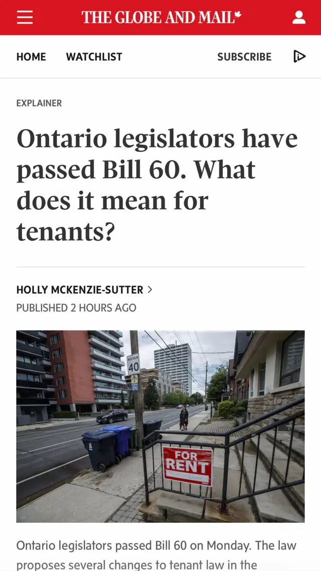 Ontario just passed Bill 60 — and it could bring big changes for tenants across the province. 🏘️ From new rental rules to shifts in how disputes are handled, here’s what renters need to know right now. Stay informed, stay prepared. ⚖️ #Ontario #Bill60 #Tenants #TorontoRentals #NewsUpdate 