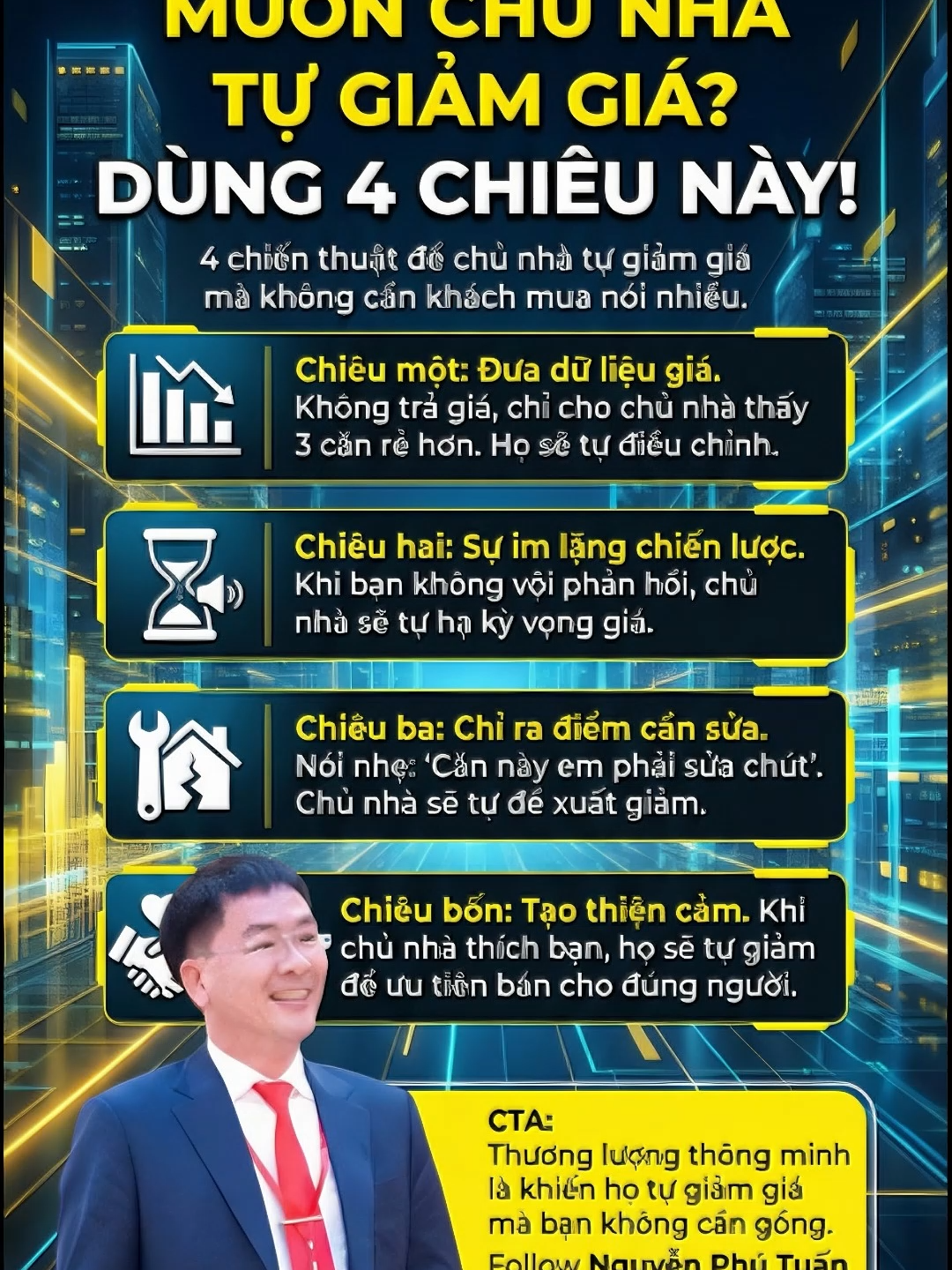 4 chiến thuật để chủ nhà TỰ   GIẢM GIÁ mà bạn không cần nói nhiều! 🧠💸 Thương lượng không phải “đấu   khẩu”, mà là nghệ thuật tâm lý. Đây là 4 kỹ thuật dân trong nghề áp dụng mỗi   ngày: 1️⃣ Đưa dữ liệu giá → chủ nhà thấy so sánh sẽ tự giảm.   2️⃣ Im lặng chiến lược → tạo áp lực nhẹ, chủ nhà tự nhún.   3️⃣ Chỉ ra các chi phí sửa chữa → khiến mức giá hiện tại trở nên không   hợp lý.   4️⃣ Tạo thiện cảm → chủ nhà ưu ái người họ thích. Áp dụng đúng, khách mua tiết kiệm   ngay 50–200 triệu mà không cần căng thẳng! #batdongsan #nhapho #moigioibatdongsan #muabannha #thuongluonggia