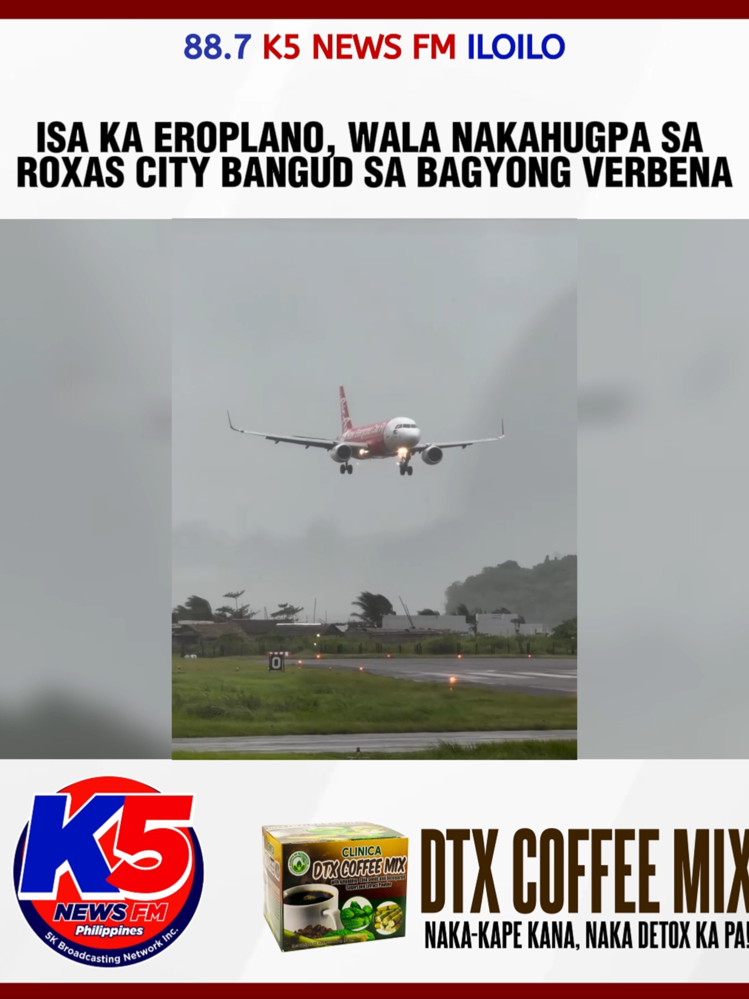 𝗜𝗦𝗔 𝗞𝗔 𝗘𝗥𝗢𝗣𝗟𝗔𝗡𝗢, 𝗪𝗔𝗟𝗔 𝗡𝗔𝗞𝗔𝗛𝗨𝗚𝗣𝗔 𝗦𝗔 𝗥𝗢𝗫𝗔𝗦 𝗖𝗜𝗧𝗬 𝗕𝗔𝗡𝗚𝗨𝗗 𝗦𝗔 𝗕𝗔𝗚𝗬𝗢𝗡𝗚 𝗩𝗘𝗥𝗕𝗘𝗡𝗔 Wala nakahugpa ang Philippines AirAsia flight Z2343 gikan sa Manila padulong sa syudad sang Roxas bangud sa malain nga kondisyon sang panahon nga dala sang Tropical Depression Verbena. Sa video, makita nga ma-landing na tani ini apang gilayon lang nga nagbalik ini sa kahawaan. Ginhimo ini agud masiguro ang kaluwasan sang mga pasahero kag sang eroplano samtang nagatinguha ini nga maghugpa liwat sa mas maayo nga kondisyon. Gindayaw naman sang mga netizen ang airline sa ila maayo nga pag-handle sang eroplano. [Video courtesy of Geed Dela Cruz Beronibla/Facebook] Ang ini nga balita ginadul-ong sa inyo sang: 𝘿3𝘽𝙄𝙊, 𝘿𝙏𝙓500, 𝙈𝙄𝙂𝙃𝙏𝙔 𝘾𝙀𝙀, kag 𝘿𝙏𝙓 𝘾𝙊𝙁𝙁𝙀𝙀 𝙈𝙄𝙓 Mabakal man ini sa tanan nga branches sang 𝘾𝙡𝙞𝙣𝙞𝙘𝙖 𝘿𝙚 𝘼𝙡𝙩𝙚𝙧𝙣𝙖𝙩𝙞𝙫𝙤 at sa mga nagapanguna nga botika sa inyo nga lugar. #K5NewsFMIloilo #NUMBER1KITA  #fyp #fypp #viral #VerbenaPH