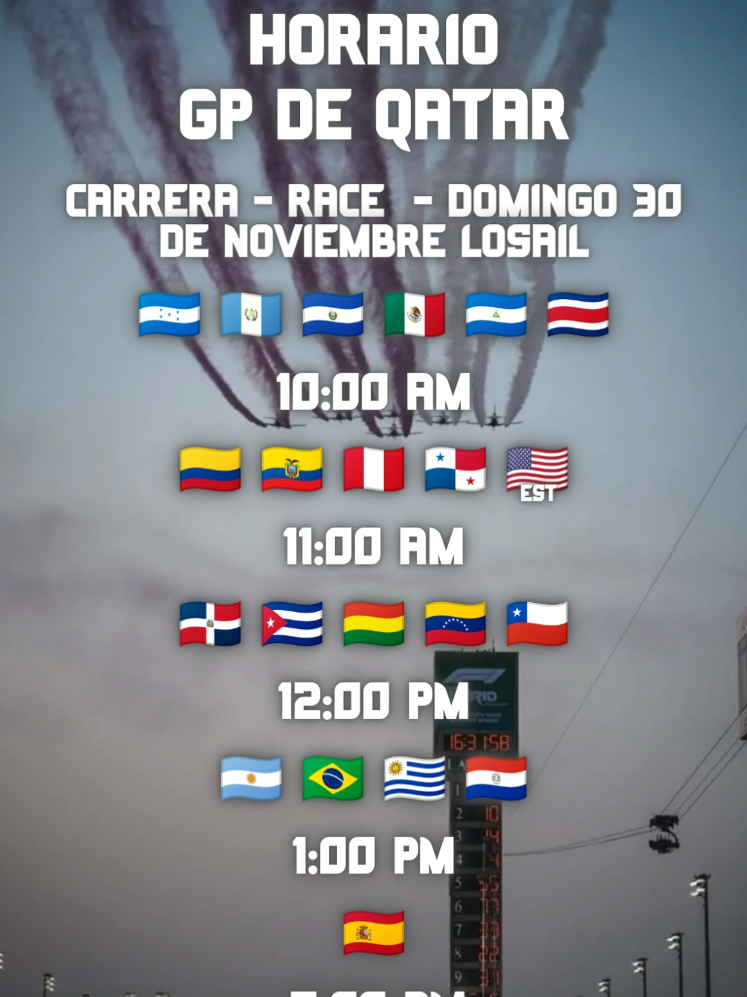 ⏱️ Horarios del GP de Catar 2025 🇶🇦 | Para que no te pierdas NADA Aquí están los horarios OFICIALES del GP de Catar 2025 🇶🇦🔥 Sprint, quali y carrera… todo clarito y en hora 🇨🇴 Guarda este video para que no te coja la tarde 🤝🏁 ¿A quién ves fuerte para Lusail?👇 #f1  #qatargp  #f12025 #horariosf1  #f1latam 