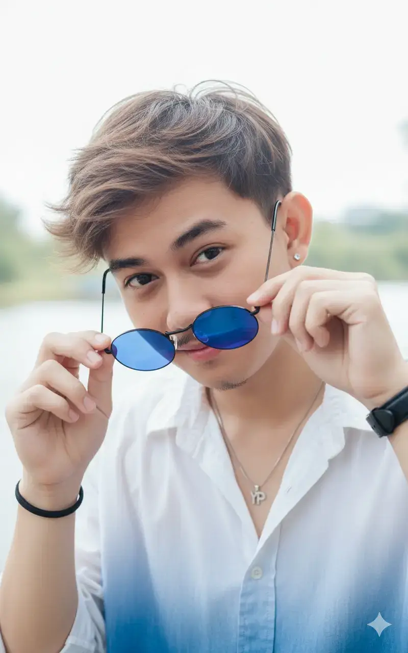 seorang pria muda sesuai foto referensi, dengan wajah,rambut, mata, struktur wajah, alis, hidung, dan bibir yang sama persis 100% tanpa perubahan sema sekali,dengan rambut beruban berantakan sebagian helai rambut nempel di jidatnya dan mata biru yang menusuk, mengenakan kemeja putih kasual yang longgar dan kacamata hitam berlensa biru yang mencolok. Ia sedang memegang kacamata dengan tangan kanannya, sedikit menurunkannya sehingga matanya terlihat jelas. Memakai Sebuah rantai tipis berwarna perak liontin inisial 