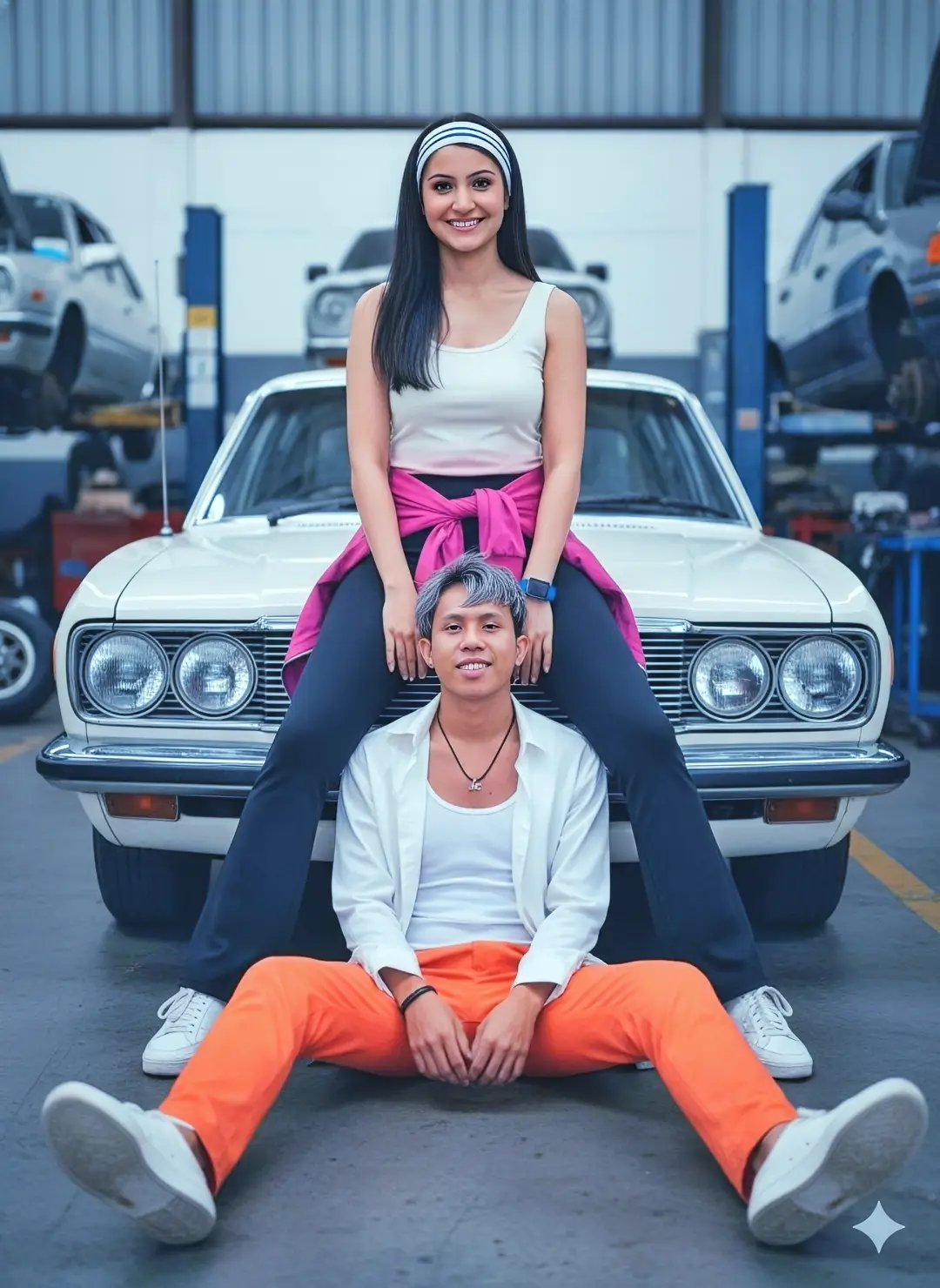 Tutorial cara edit foto dengan Gemini ai  1 buka google Gemini  2 ubah ke nano banana  3 masukan foto wajah kalian  4 salin+tempel prompt di bawa ini  :Buat 2 gambar terlampir tanpa merubah sedikitpun wajah. Pose: wanita duduk diatas kap mobil dengan posisi kedua kaki dibuka sedikit lebar, dengan wajah menatap ke arah depan kamera dengan elegan, jangan ubah wajah wanita yang terdapat di foto terlampir jadikan 100% sama. Laki laki (pertahankan bentuk wajah dan gaya rambutnya)seolah duduk dibawah wanita dengan posisi kedua kaki dibuka, seolah foto preweading. Wanita memiliki rambut hitam lurus, dan panjang. Memakai baju tengtop warna ivory sedikit gradasi warna pink, celana leging cut bray panjang warna hitam, terdapat jaket warna fucia yang di ikatkan ke pinggang, memakai bando warna putih terdapat garis warna biru, kulit kuning langsat, Aksesoris memakai gelang olah raga yang terbuat dari kain warna biru elektrik, memakai sepatu kets wanita warna putih. Laki laki memakai (celana panjang warna orens) sama persis dengan gambar terlampir dengan tersenyum. Latar belakang gambar: di sebuah rumah bengkel mobil, yang terdapat mobil mobil yang sedang di perbaiki. Suasana keseluruhan terlihat alami dan tenang. Cahaya dalam gambar lembut dan alami, elemen gambar terlihat jelas, Difoto dengan lensa 85mm f/1.8 closup. 9:16 #Trending #anusharma #tiktokindia #aigemini #fyp
