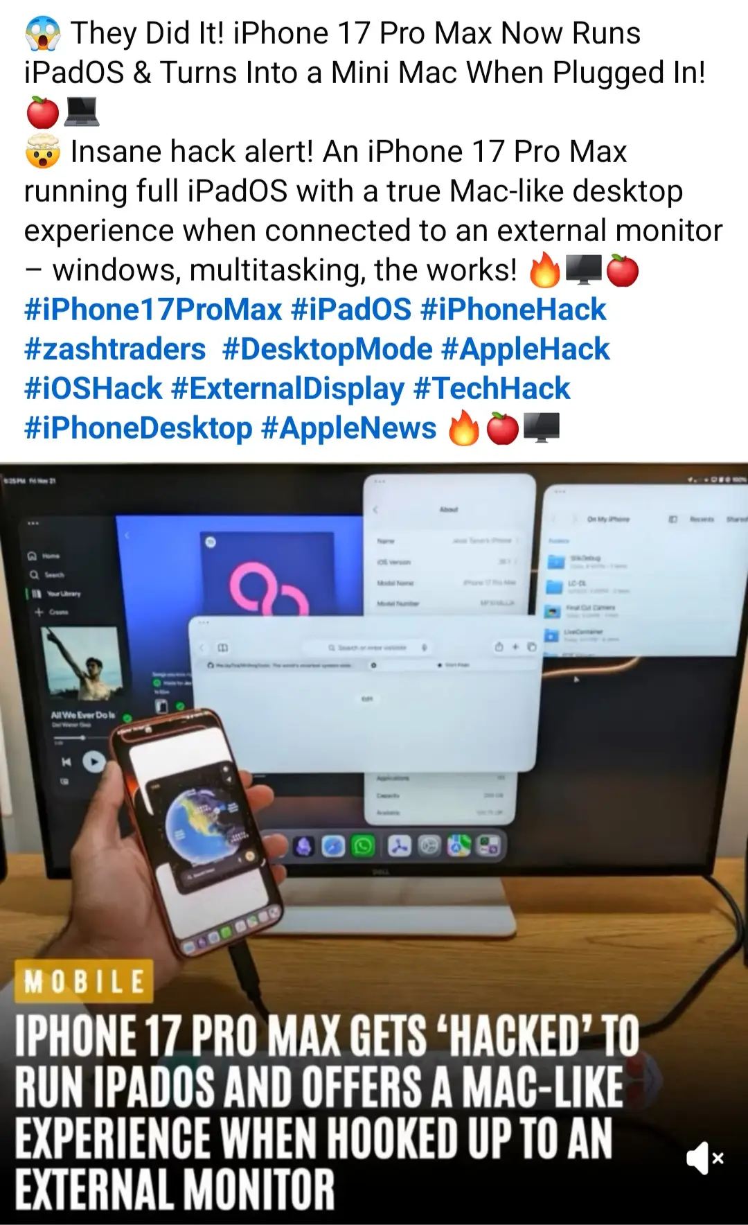 🍎💻 🤯 Insane hack alert! An iPhone 17 Pro Max running full iPadOS with a true Mac-like desktop experience when connected to an external monitor – windows, multitasking, the works! 🔥🖥🍎 #iPhone17ProMax #iPadOS #iPhoneHack #zashtraders  #DesktopMode  🔥🍎🖥