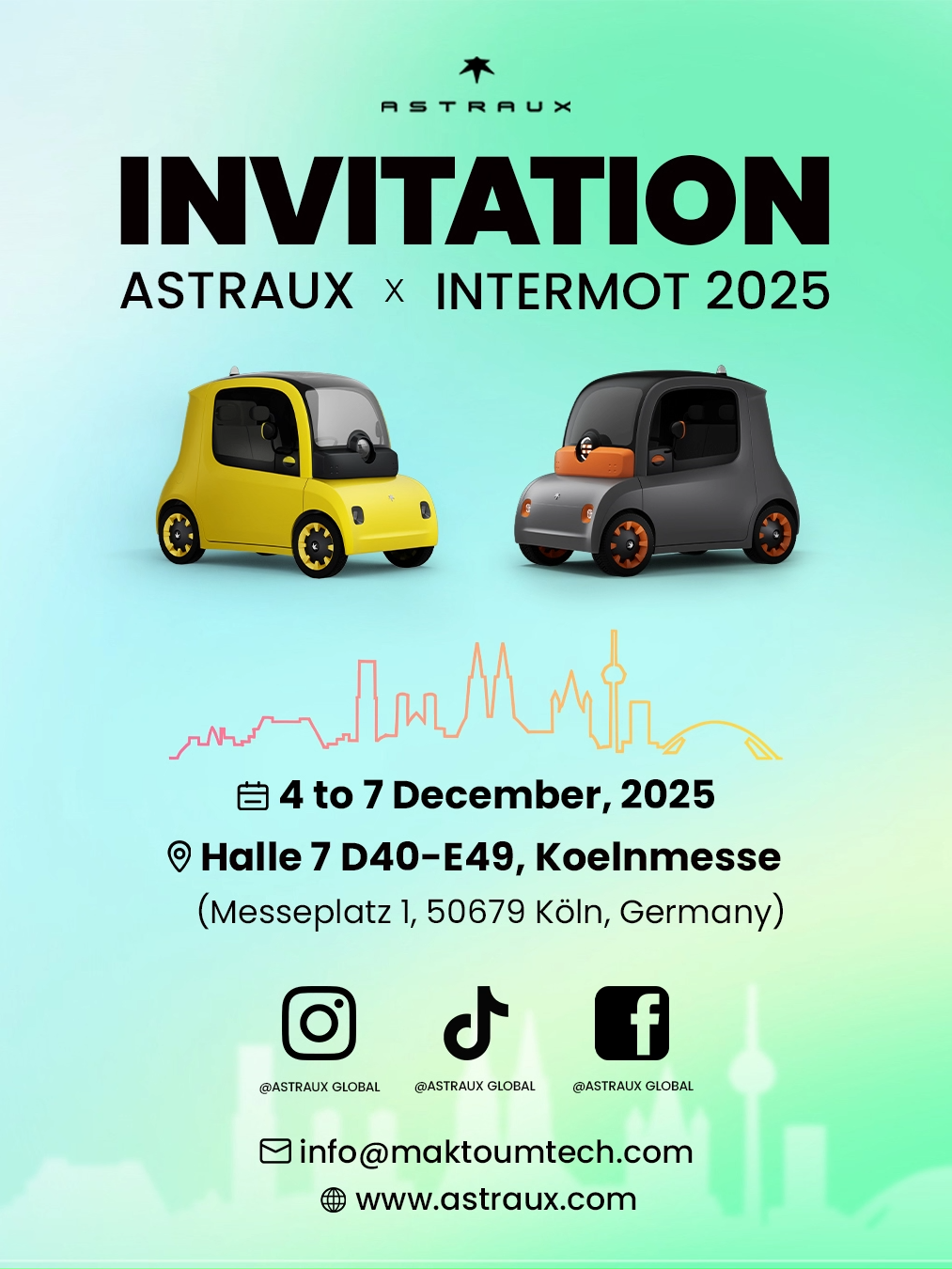 🎉 Countdown to Cologne! You're Invited 🚀 We’re excited to announce our participation in INTERMOT 2025, where we’ll be presenting our latest products, exclusive offers, and immersive experiences! We warmly welcome industry partners, riders, and fans to visit us and explore new possibilities together. 📍 Location: Messeplatz 1, 50679 Köln, Germany 📅 Date: 4–7 December 2025 ✨ Booth: Hall 7, D40–E49, Koelnmesse #ASTRAUX #SmartEnergy #FutureVision #MicroEV #SEV #AIGlasses #SmartGlasses #Cologne #INTERMOT2025