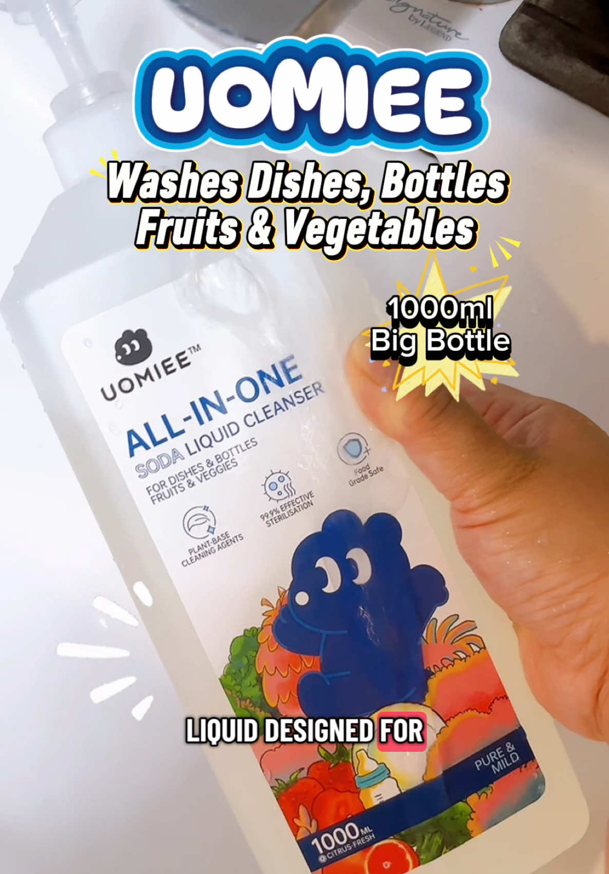 UOMIEE All-in-One Soda Liquid Cleanser 1000ml Food Grade, Non-toxic, Plant Based, Gentle on Hands , 99.9% Sterilization Rate, Washes Fruits, Vegetables, Baby Bottles, Dishes. No harsh chemicals, Citrus Fresh Diswashing Liquid #uomiee #uomieecleanser #uomieeallinonesodaliquidcleanser #dishwashingliquid #createtowin