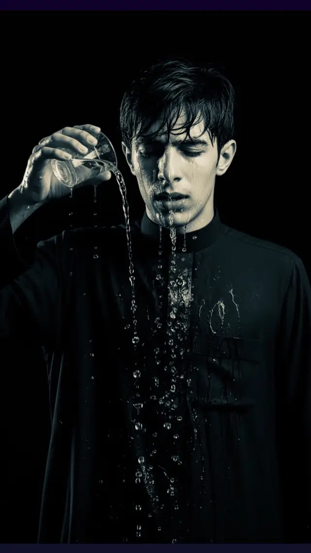 البرومبت خاص بقناة التلجرام (ammaraa313) أنشئ صورة لي أنا مع الحفاظ على ملامحي وجهي والهوية الأصلية لي أنا في الصورة المرفقة حافظ على الهيكل الأصلي للوجة والملامح بالضبط بدون تغيير الجسم أو المظهر بشكل احترافي واقعي ​📸 تحليل ووصف معمق للقطة ​هذه اللقطة الفوتوغرافية بالأبيض والأسود هي صورة قوية ومكثفة تركز على لحظة درامية من التعبير الإنساني، باستخدام الضوء والماء لخلق تأثير بصري عاطفي عميق. ​1. 🧑 الشخص والمظهر العام ​الموضوع: يظهر في اللقطة شخص يرتدي ملابس داكنة(دشداشة بياقة)، يبدو كأنه أسود سادة. هذا اللون يعزز من تباين الصورة ويجعل التركيز ينصب بالكامل على الوجه وفعل سكب الماء. ​تعبير الوجه: الوجه مغمض العينين أو مغلق جزئيًا، والتعبير العام يوحي بلحظة من الإحساس القوي والمكثف، قد يكون إرهاقًا، أو تخفيفًا، أو انغماسًا في مشاعر معينة. فتح الفم قليلًا يعزز هذا الانطباع بالإحساس العميق أو اللهث. ​تفاصيل الرأس: الشعر داكن وكثيف، وعليه قطرات ماء أو مبلل بالفعل من الفعل الجاري. ​2. 💧 تفاعل الماء والكتلة السائلة ​هذا هو العنصر المركزي والحيوي في الصورة: ​مصدر الماء: يمسك الشخص بيده اليمنى زجاجًا صغيرًا أو وعاءً شفافًا ومحدب القاعدة (ربما كوب صغير بلاستيك)، ويسكب منه الماء مباشرة على جبهته ووجهه. يبدو الكوب فارغًا تقريبًا في اللحظة الملتقطة، مما يدل على نهاية فعل السكب. ​حركة الماء (التدفق): الماء يتدفق في شلالات متعددة وواضحة من أعلى الرأس والجبين، مرورًا بالوجه، ومن ثم يتناثر على الصدر والملابس. ​التأثير البصري للماء: قطرات الماء تخلق خطوطًا متوهجة ومضيئة بفضل الإضاءة الخلفية والجانبية (انظر قسم الإضاءة). هذا التدفق يخلق إحساسًا بالحركة السريعة والمنعشة في تباين مع خلفية ساكنة ومظلمة. تتكسر الكتلة السائلة إلى خيوط فردية عند سقوطها، مما يضيف عمقًا وتفصيلًا رائعًا. ​3. ✨ الإضاءة والتقنية البصرية ​التكوين: الصورة ذات تكوين عمودي ضيق، يركز بشكل كامل على النصف العلوي للشخص وحدث سكب الماء. اليد التي تحمل الكوب تساهم في إطار الحركة. ​الأبيض والأسود (Monochrome): اختيار التون الأحادي يلغي أي تشتيت للألوان، ويوجه المشاهد لتقدير التباين، التركيز، والإحساس العام بالدراما. ​الإضاءة (Lighting): الإضاءة درامية وقاسية (Chiaroscuro). ​الإضاءة الرئيسية: تأتي من أعلى قليلًا ومن الأمام الجانبي، مسلطة بشكل خاص على جبهة ووجنة الشخص. ​الإضاءة الخلفية (Rim Lighting): هناك دليل على إضاءة خفيفة من الخلف تضيء حواف الشعر والملابس قليلاً. ​تأثير القطرات: الأهم هو كيف تتفاعل الإضاءة مع الماء، حيث تضيء كل قطرة سائلة بشكل فردي، مما يجعلها تبدو كأنها خيوط من الألماس أو الضوء المتلألئ المتساقط، مما يبرز شفافية الماء وديناميكيته. ​الخلفية: سوداء خالصة (Black Void)، مما يضمن عدم وجود أي تشتيت ويجعل الشخص هو النقطة الوحيدة للتركيز. هذا يعزز من الشعور بالعزلة والتركيز على اللحظة الداخلية للشخص. ​4. 🎭 التحليل والتعبير (المغزى) ​الدراما والإحساس: اللقطة تنقل إحساسًا قويًا بالدراما، قد تكون انعكاسًا لإغاثة من جهد، رمزًا للتطهير والبداية الجديدة، أو تعبيرًا عن التنفيس العاطفي والتحرر. ​الملمس والتباين: التباين الشديد بين البشرة الداكنة (مظللة جزئيًا) والملابس السوداء في مقابل اللمعان البراق للماء يخلق ملمسًا بصريًا غنيًا. ​لحظة زمنية: المصور نجح في تجميد 