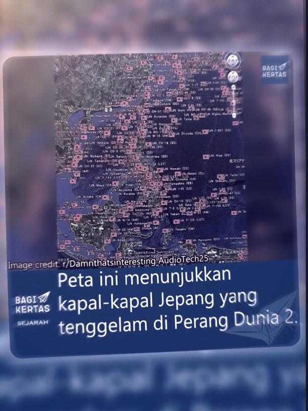 Banyak banget🗿 Peta ini menunjukkan ratusan bangkai kapal Jepang yang tenggelam selama Perang Dunia II (1939–1945) — tersebar luas dari perairan Jepang, Filipina, Indonesia, hingga Pasifik Selatan. Sebagian besar kapal ini merupakan bagian dari Kaisar Jepang (Imperial Japanese Navy), yang pada masa itu memiliki salah satu armada laut terkuat di dunia. Namun, setelah tahun 1943, kekuatan Jepang mulai merosot akibat kekalahan beruntun melawan Sekutu, terutama Amerika Serikat, yang menggunakan strategi “island hopping” dan kekuatan udara masif. 🛳️ Beberapa kapal terkenal yang tenggelam di wilayah ini antara lain: IJN Yamato, kapal tempur terbesar di dunia saat itu, tenggelam pada April 1945 di Laut Cina Timur. IJN Musashi, kapal kembar Yamato, tenggelam di dekat Filipina tahun 1944. IJN Hiei dan Kirishima, tenggelam dalam Pertempuran Guadalcanal (1942). Menariknya, di Indonesia pun terdapat peninggalan sejarah ini. Salah satunya adalah bangkai kapal Jepang di Tulamben, Bali, yang kini menjadi salah satu spot diving paling terkenal di dunia. Kapal ini diyakini tenggelam akibat serangan udara Sekutu pada tahun 1942. Kini, sisa-sisa armada Jepang tersebut telah menjadi museum bawah laut alami, ditumbuhi terumbu karang dan menjadi rumah bagi kehidupan laut — pengingat bisu akan dahsyatnya perang yang pernah melanda Asia Pasifik. 🌺⚓ 📍Peta ini adalah pengingat bahwa sejarah tidak hanya tersimpan di buku, tapi juga di dasar laut kita Sumber: ig@bagikertas.id #ijn #ww2 #History #fyp  #margahe 