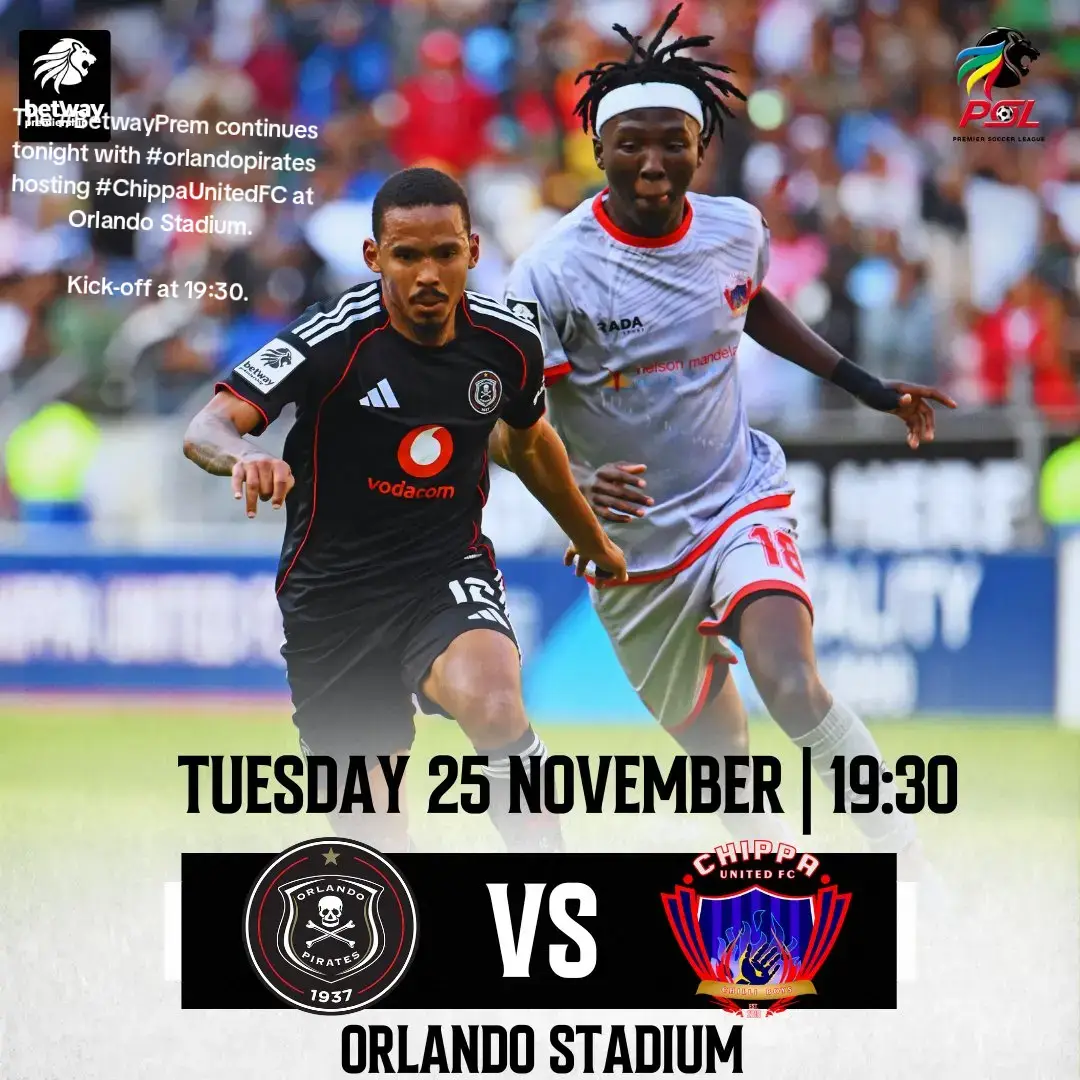 The #BetwayPrem continues tonight with #orlandopirates hosting #ChippaUnitedFC at Orlando Stadium. Kick-off at 19:30.