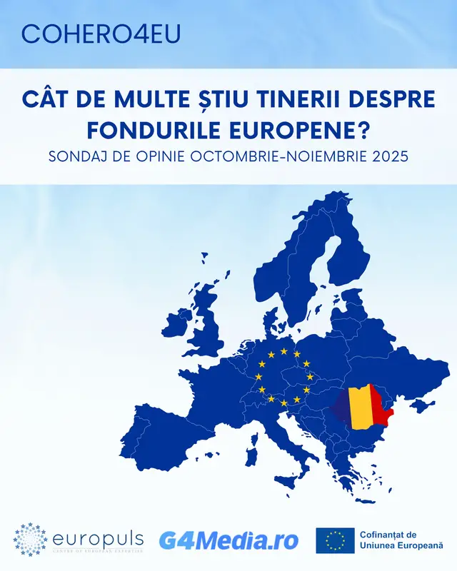 📊 G4Media și Europuls au prezentat rezultatele unui sondaj național realizat de Mercury Research în cadrul proiectului #COHERO4EU.  🔍 Studiul arată cum percep tinerii români fondurile europene într-un moment crucial, în care noul buget UE 2028–2034 se conturează.  🔗 Rezultatele sondajului pot fi accesate pe linkul din comentarii.  Co-finanțat de Uniunea Europeană. Opiniile exprimate în acest material aparțin exclusiv autorilor și nu reflectă neapărat poziția Uniunii Europene sau a Comisiei Europene. Nici Uniunea Europeană, nici autoritatea finanțatoare nu pot fi considerate responsabile pentru conținutul prezentat. #romania #fondurieuropene #tineri #tiktok