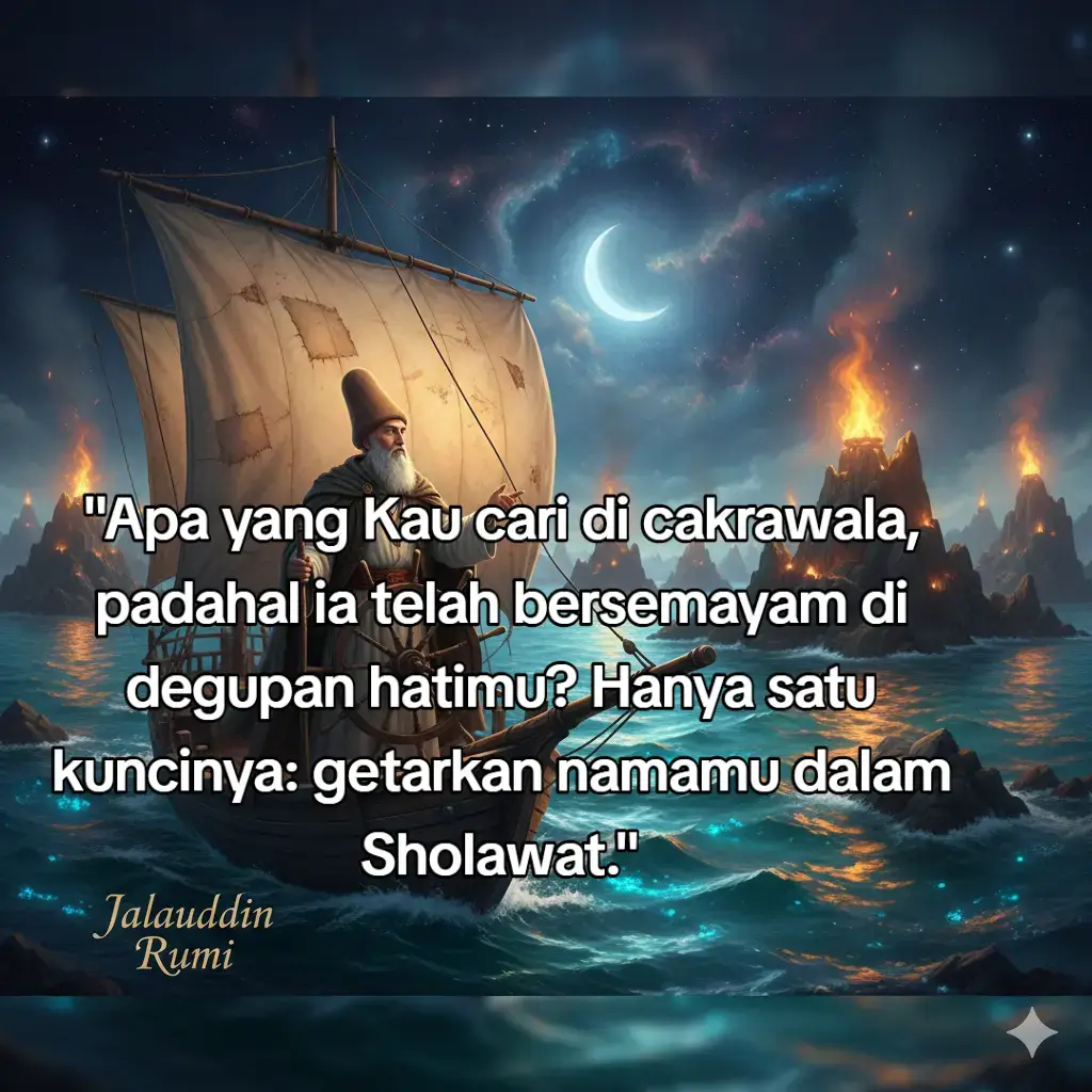 ​Wahai pengembara, ingatlah! Pencarian sejati bukanlah tentang menjelajahi pasar atau mendaki gunung yang jauh. Ia adalah tentang kembali ke Rumah batin, tempat Cahaya Muhammad bersemayam sebagai lentera. ​Kita sering bertanya, “Apa yang kucari?” Jawabannya tersembunyi dalam kerinduan itu sendiri. Kerinduanmu adalah jejak yang ditanamkan Sang Kekasih (Allah dan Rasul-Nya) di dalam hatimu. ​Sholawat adalah perahu yang paling jujur. Ia bukan sekadar lantunan, melainkan Mīrāj (perjalanan spiritual) yang menghapuskan segala ilusi jarak antara hamba dan Kekasihnya. Ketika engkau bersholawat, engkau tidak hanya memuji, tetapi engkau sedang mencari dan ditemukan pada saat yang sama. ​Berhentilah mencari di luar. Duduklah, pejamkan mata, dan biarkan Sholawat menjadi matahari yang meleburkan bayangan dirimu yang palsu. Apa yang engkau cari adalah kehadiran-Nya, dan Dia hanya bisa ditemukan melalui Cahaya Rasul-Nya dalam Sholawat. ​#️⃣ Tagar ​#TasawufRumi ​#Sholawat ​#PencarianSejati ​#RumiQuotes ​ ​ ​ ​