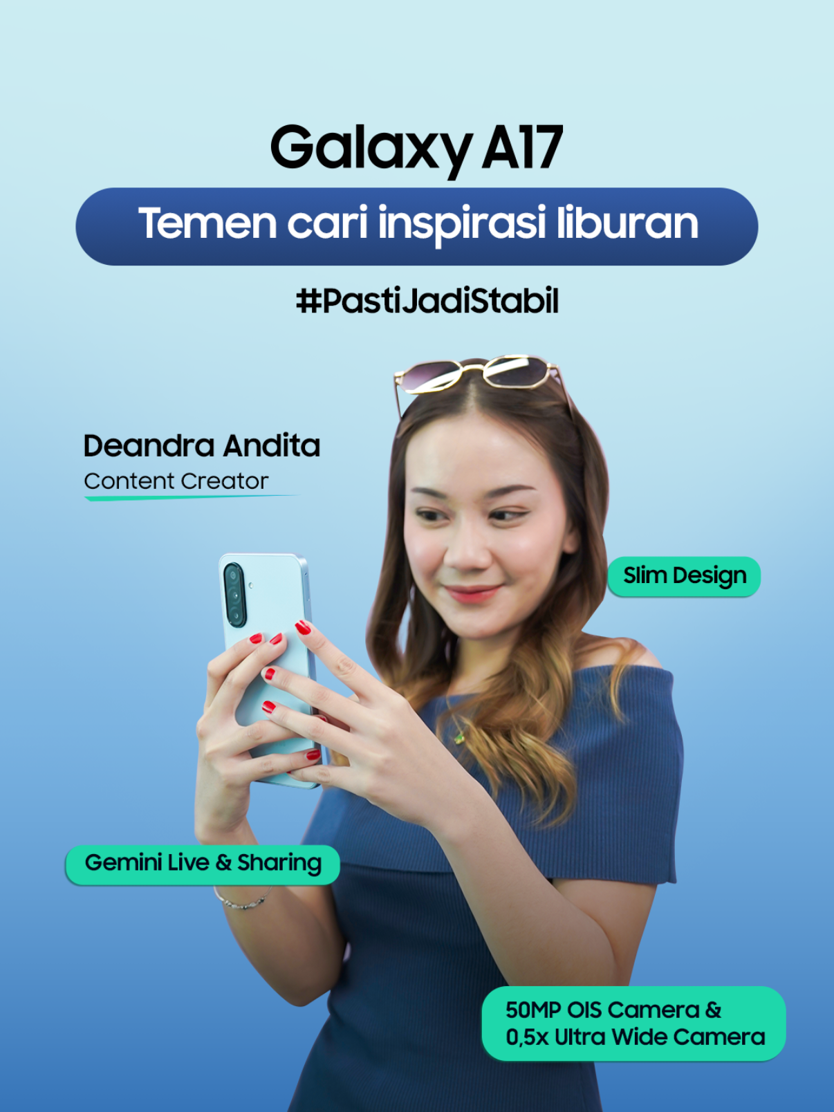 Mau foto sunrise dan sunset yang pasti kece?  Kamu wajib bawa #GalaxyA17 selama liburan! 50MP OIS Camera & 0,5 Ultra Wide Camera bikin konten pemandangan #PastiJadiStabil terlihat lebih jelas dan luas Didukung juga dengan stabilitas yang terjamin, dengan garansi 6 Tahun security update! Cari inspirasi OOTD selama liburan? Pasti jadi gampang, tinggal tanya Gemini Live & Sharing. Pasti update dan aman juga karena sudah 6x OS Update dan 6 tahun Security Update Yuk komen “Aku mau punya fitur 50MP OIS Camera & 0.5x Ultra Wide Camera Galaxy A17”