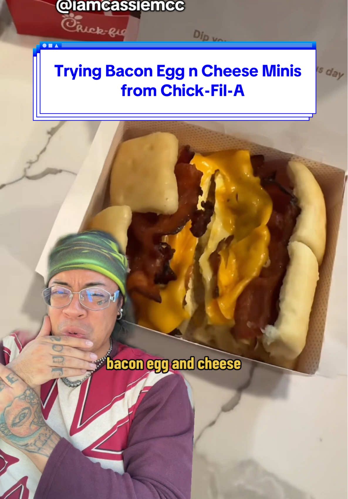 Trying Bacon Egg and Cheese Minis from @Chick-fil-A shoutout @Cassie for puttin me on! #chicfila #chickenminis #baconeggandcheese #breakfast #menuhack 
