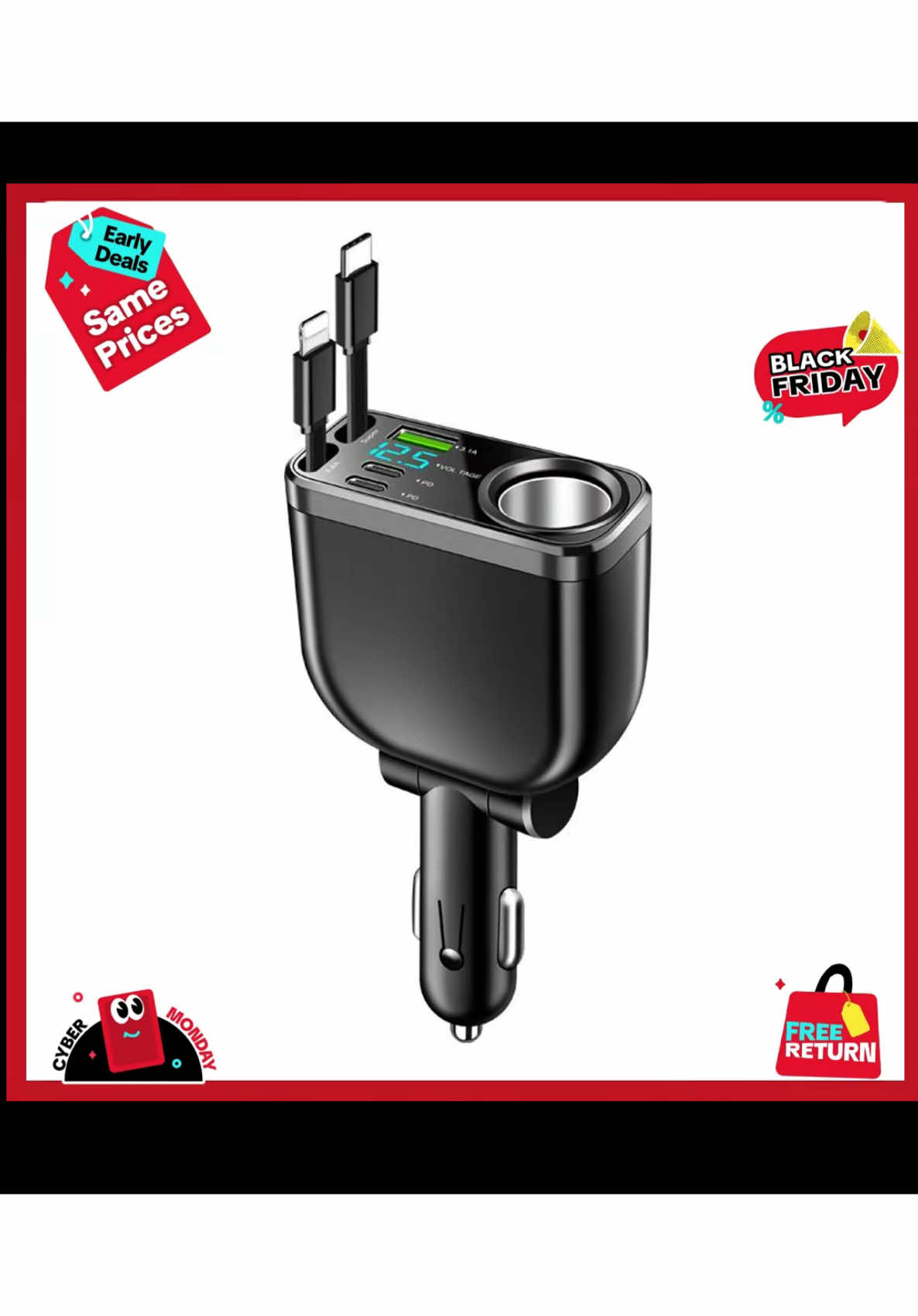 [Nuokaiqi) 100W USB-C Fast Adapter Smart Car Charger with Lighting Port Retractable Cable Storage Compartment for iPhone iPad AirPods Samsung Google Pixel #NuokaiqiCharger #FastCharging #CarAccessories #TechEssentials #StayPowered