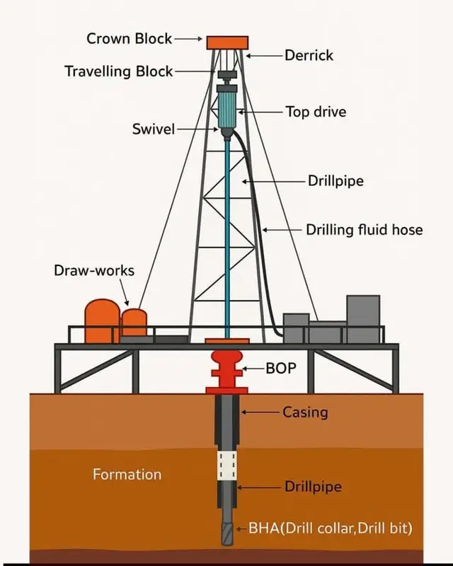 توضح هذه الصورة المكونات الأساسية لجهاز حفر النفط والغاز، المصممة للاستكشاف الفعال والآمن للتشكيلات تحت سطح الأرض. فيما يلي تفصيل للعناصر الرئيسية: 1. كراون بلوك: متمركزة في أعلى الديريك، وتعمل بالترادف مع الكتلة المسافرة لدعم وتحريك خيط المثقاب عموديا. 2. كتلة السفر: هذا يتحرك صعودا وهبوطا، مسترشدا بالكتلة التاجية، ويوفر الميزة الميكانيكية اللازمة للتعامل مع خيط الحفر الثقيل. 3. ديريك: هيكل طويل قوي يدعم معدات الحفر ويسهل رفع وخفض خيط الحفر 4. أعلى محرك: مثبت داخل الديريك، يدور محرك الأقراص العلوية أنبوب المثقاب وقطعة المثقاب، لتحل محل الطاولة الدوارة التقليدية لتعزيز الكفاءة التشغيلية. 5. دوارة: مكون حاسم يسمح لخيط الحفر بالدوران مع الحفاظ على اتصال مختوم بخرطوم سائل الحفر. 6. أنبوب الحفر: أنابيب فولاذية مجوّفة تشكل خيط الحفر، تنقل سائل الحفر والقوة الدورانية إلى بت المثقاب. 7. خرطوم سائل الحفر: يعرف أيضًا باسم 