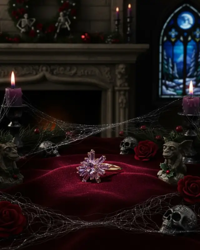 This staging is everything I love about the holidays done my way. The moody fireplace, the stained glass window, the skulls mixed with roses and cobwebs, purple candles flickering in the background. And right in the center, the Geode Ring sitting on burgundy velvet like the treasure it is. Those purple gemstones arranged in that starburst pattern catch the candlelight perfectly. There's something about this ring that feels both festive and mysterious, romantic and a little dark. It's Christmas, but make it gothic. The Geode Ring has this incredible presence. The way the stones radiate out from the center creates this almost celestial effect, like you're wearing a tiny galaxy on your finger. Available in different metal options, but that gold against the purple stones is just chef's kiss. If you're still looking for that perfect holiday gift or want to treat yourself to something special before the year ends, this is it. Ships in time for Christmas if you order soon. Who else decorates for the holidays but keeps it beautifully dark? #geodering #gothicchristmas #moodychristmas #purplegemstones #starburstdesign #candlelitvibes #skullsandroses #amityalexandra #darkholidays #christmasjewelry #burgundyvelvet #holidaygift #alternativechristmas #statementring #gothicaesthetic