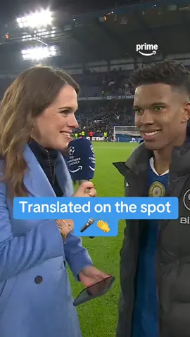 Alex Aljoe translated her own interview with Estevao straight after his STUNNING game vs Barcelona 🤩🎤 #estevao #chelsea #barcelona #uefachampionsleague #ucl 