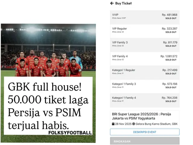 GBK full house! 🏟️ Dalam waktu kurang lebih 6 jam, 50 ribu tiket laga Persija vs PSIM yang telah disiapkan, habis terjual, gak ada sisa sama sekali, informasi tersebut bisa kalian cek sendiri juga di aplikasi Persija. Bahkan tiket termahal kategori VIP Family 4, gak ada yang tersisa 👏🏼 Secara gak langsung, habisnya tiket Persija vs PSIM bentuk dukungan sekaligus kecintaan Jakmania untuk mendukung klub kebanggaannya tersebut. Terlebih hari Jumat mendatang, Persija merayakan ulang tahun ke-97 🥳 Ada yang ke GBK juga untuk nonton laga Persija vs PSIM? Absen coba🔥🤩