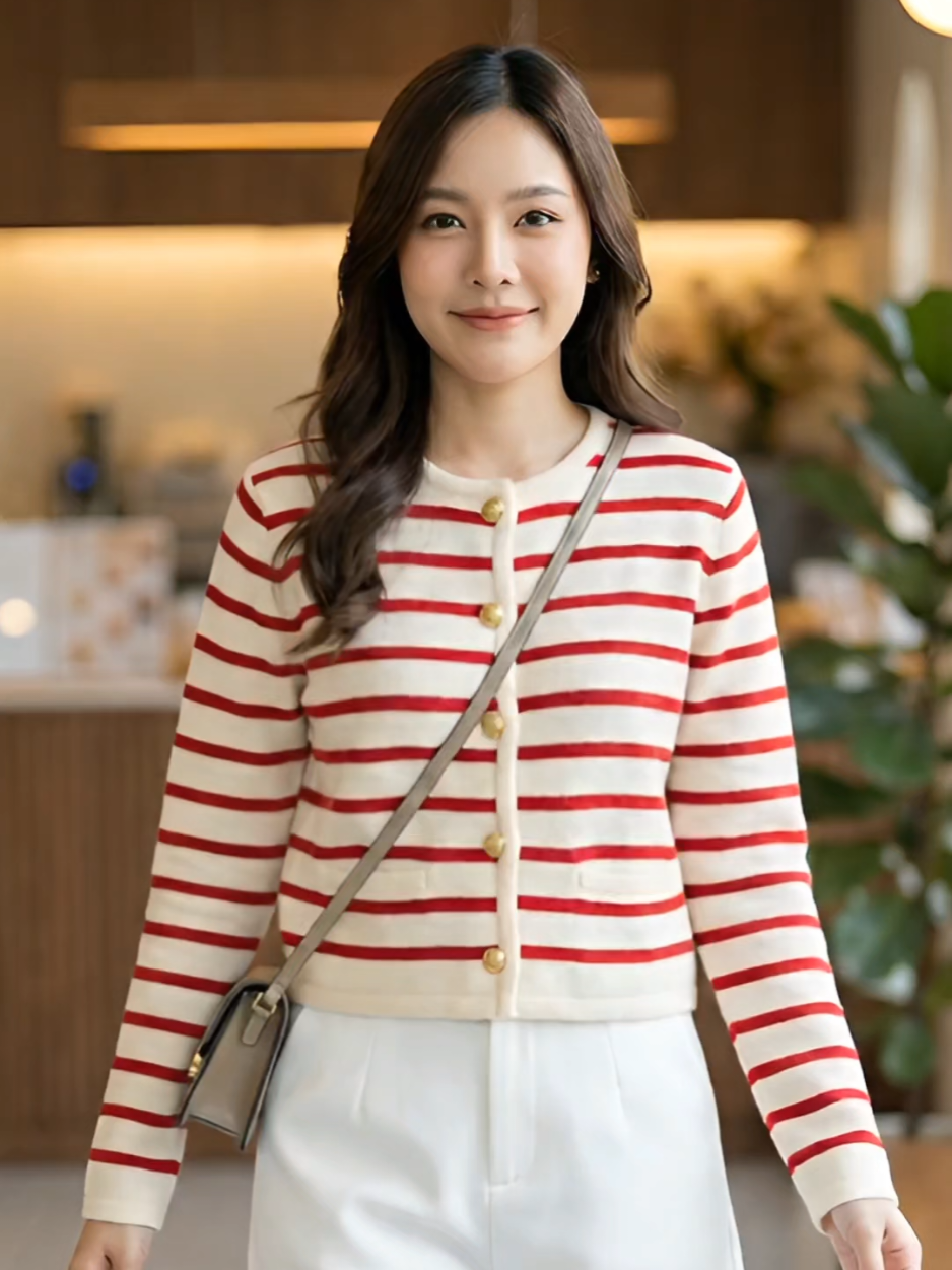 เสื้อคลุมไหมพรมลายขวาง ลุค Old Money ที่สาวๆ ตามหา! 🖤✨ รุ่นนี้กระดุมทองสวยแพงมาก ผ้านุ่มยืดหยุ่นดี ใส่คลุมกันหนาวในห้องแอร์ หรือใส่เที่ยวคาเฟ่ก็ถ่ายรูปขึ้นสุดๆ งานตรงปก แมทช์ง่าย ใส่ได้บ่อยไม่มีเบื่อ พิกัดจิ้มตะกร้าเลย 👇 #เสื้อคลุมไหมพรม #เสื้อกันหนาวสไตล์เกาหลี #เสื้อไหมพรมกระดุมหน้า #ootdวันนี้ #tiktokshopครีเอเตอร์