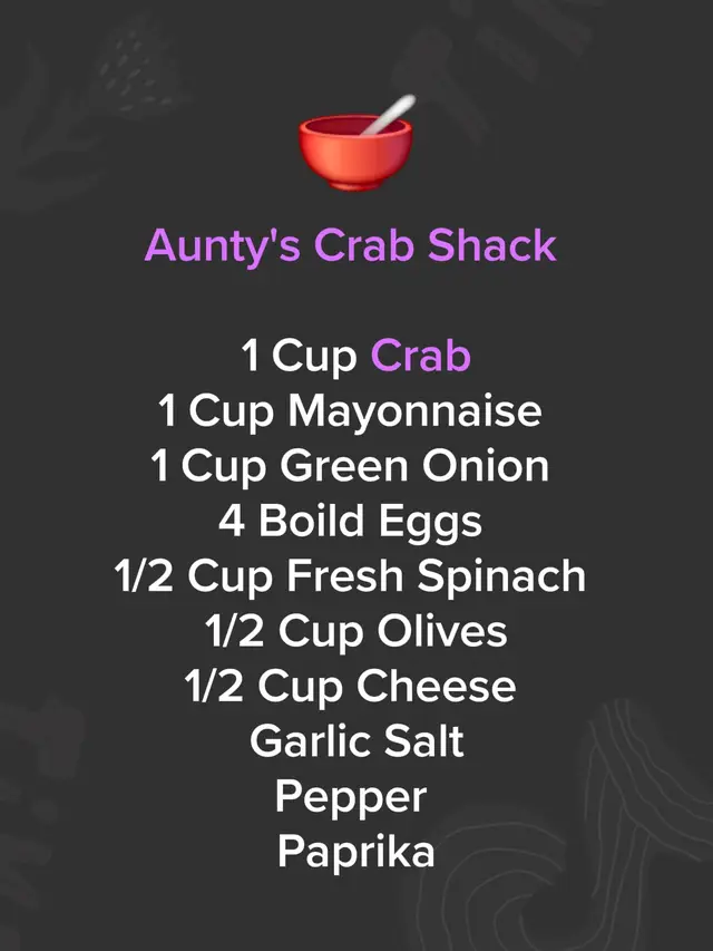 1. Prepare the eggs: Boil 4 eggs until fully cooked (about 10–12 minutes). Let them cool, peel, and chop them. 2. Mix the base: In a large bowl, combine 1 cup crab, 1 cup mayonnaise, and 1 cup chopped green onion. Stir until evenly coated. 3. Add veggies & extras: Add ½ cup fresh spinach (chopped), ½ cup olives (sliced), and ½ cup cheese (shredded or diced—your choice). 4. Add the eggs: Gently fold in the chopped boiled eggs so they don’t mash too much. 5. Season: Add garlic salt, pepper, and paprika to taste. Start with a little and adjust as you like. 6. Chill: Cover the bowl and refrigerate for at least 30 minutes so the flavors blend. 7. Serve: Enjoy it as a cold crab salad, on crackers, in a sandwich, or as a side dish.