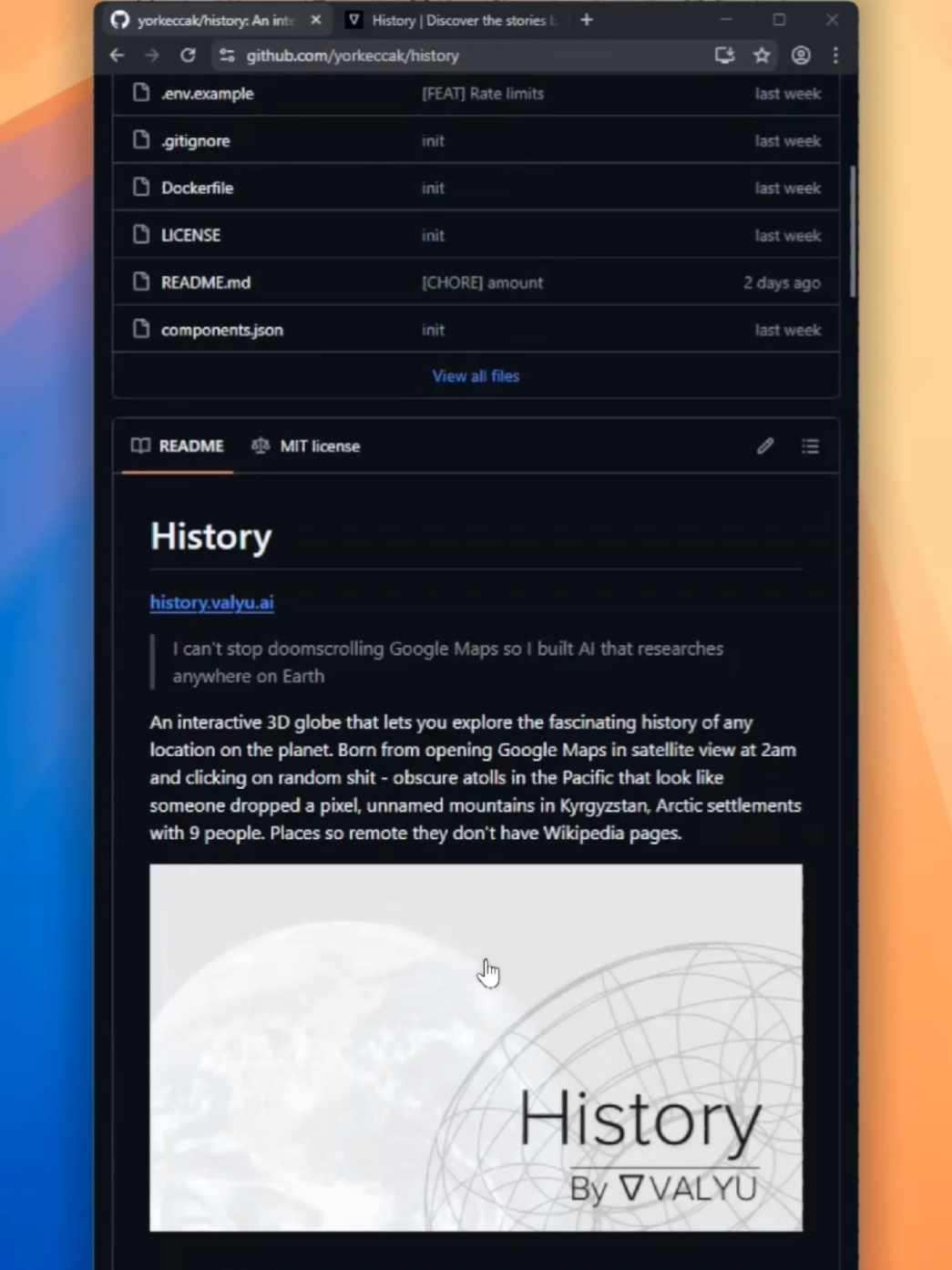 THIS is for everyone who doomscrolls Google Maps at 2am clicking on random islands asking, ‘What even IS this place?’ — because someone finally built the tool we all needed. It’s called History, and it lets you click anywhere on a 3D globe — any island, mountain, tiny Arctic village with like 9 people — and it will actually research the entire history of that location for you. Actual research across historical archives, academic papers, and the modern web — for up to 10 minutes.  #github #opensource 
